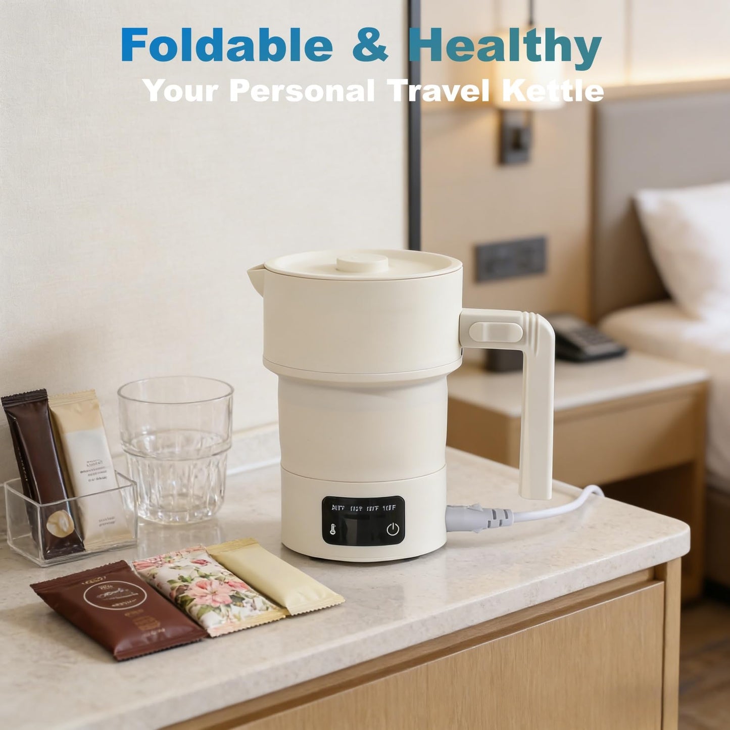 Portable Electric Kettle-600ML Collapsible Electric Kettle,600W Travel Water Boiler with 4-Temp Presets, Food Grade Silicone for Camping,Hotel, Office