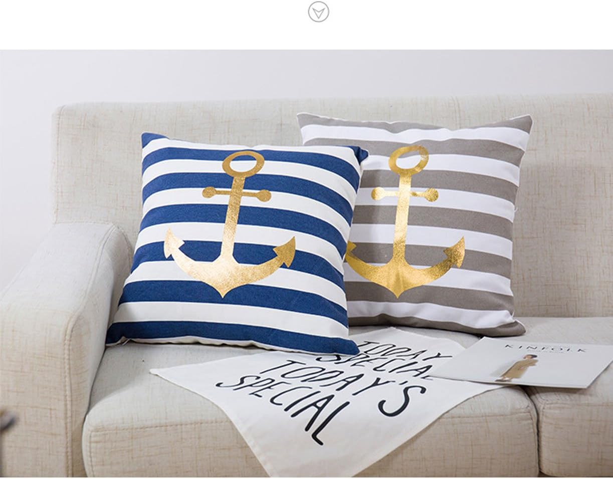 Nautical Decorative Pillow Cover, Gold Anchor Pattern and Stripes 18X18 (Navy Stripes)
