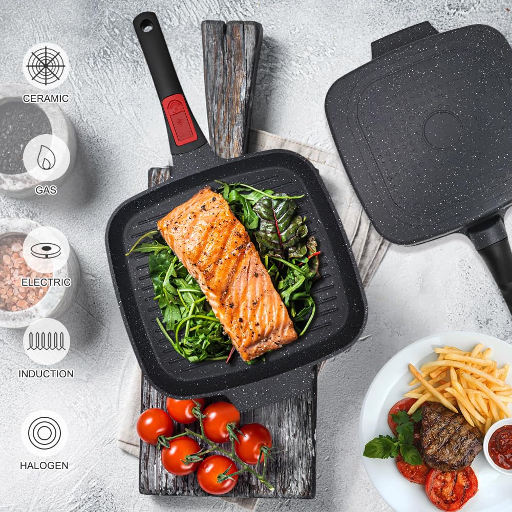 RANX INGST Griddle Pan with Lid, 10 Inch Cast Aluminium Non Stick Grill Pan with Detachable Handle for Induction Hob, Black