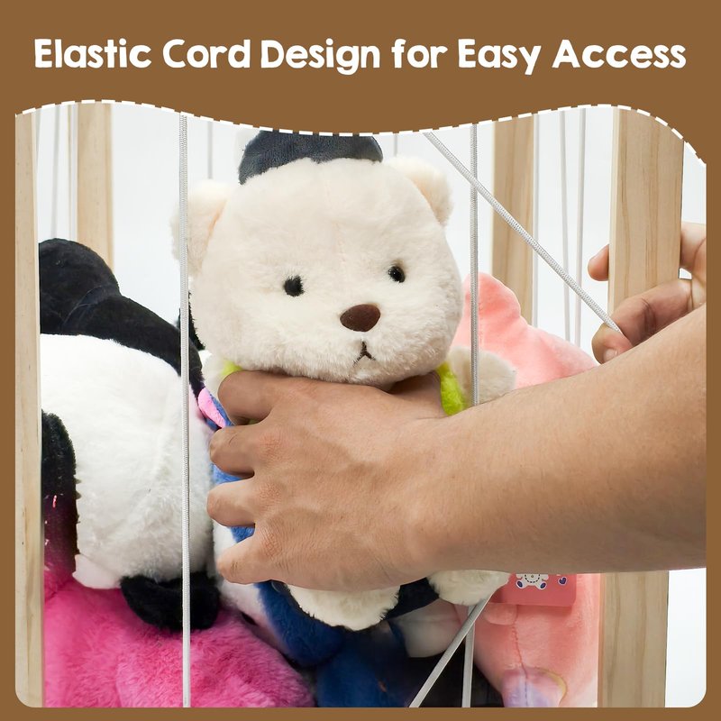 DEMEGA Stuffed Animal Zoo Storage with Wheels, Mobile Wooden Toy Organizer Cage with Elastic Band, Easy Assembly Large Capacity for Nursery Playroom Bedroom