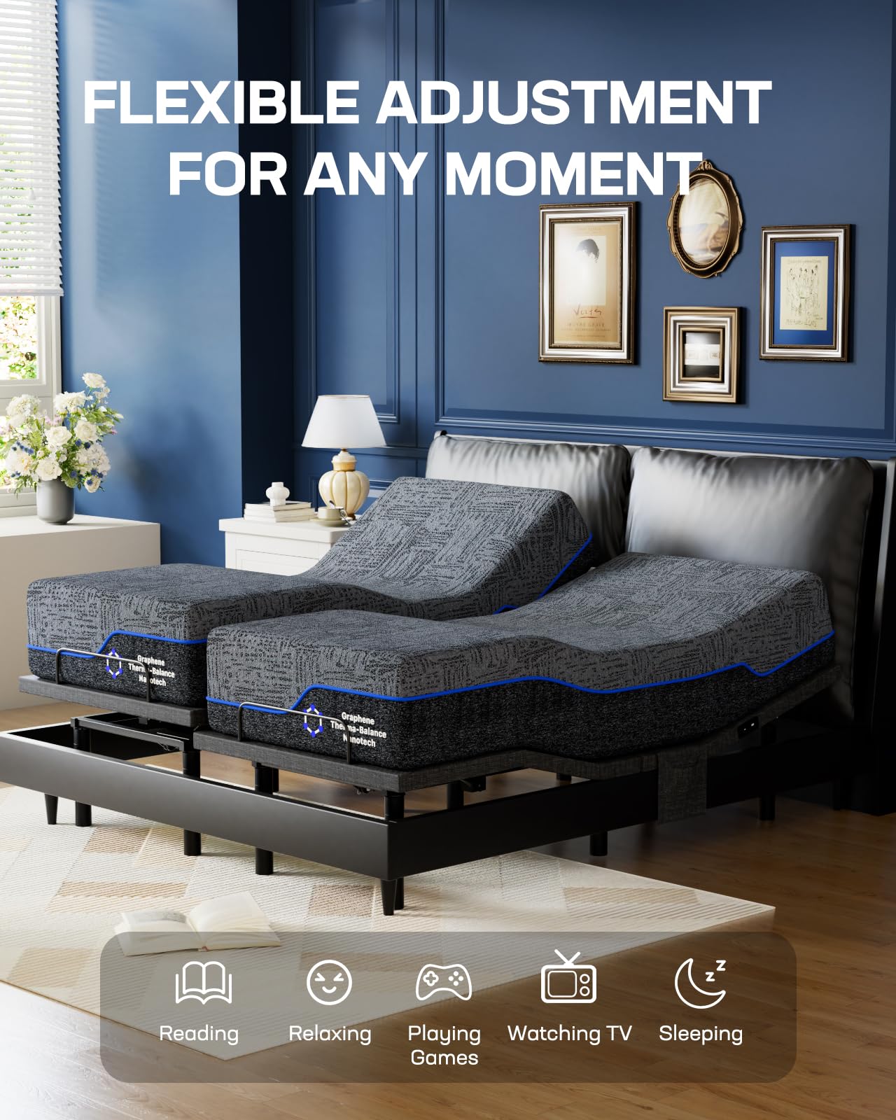 Marsail NS0 Queen Adjustable Bed Base - Smart Dual Motor Bed Frame with Wireless Remote, 3-Min Assembly, Zero Gravity & Anti-Snore Modes, Under Bed Lighting, 4 USB Ports