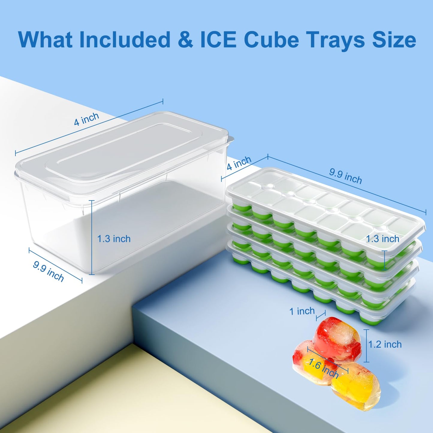 Ice Cube Tray, Ice Cube Trays for Freezer 4 Pack with Lid and Bin, Ice Tray Easy-Release, Ice Trays for Freezer Stackable, Silicone Ice Cube Tray for Drinks, Coffee - BPA-Free and Odor-Free