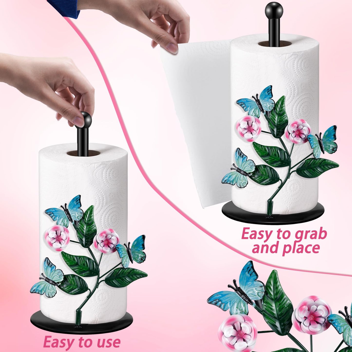Peryiter Paper Towel Holder Countertop Decorative Metal Paper Towel Stand Rack Kitchen Standing up Roll Dispenser with Base for Kitchen Bathroom Tabletop Living Room Decoration(Butterfly)