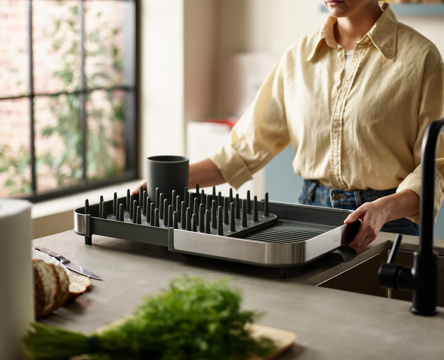 Joseph Joseph Duo Expanding Dish Drying Rack with Removable Silverware Holder, Draining Spout, Stainless Steel