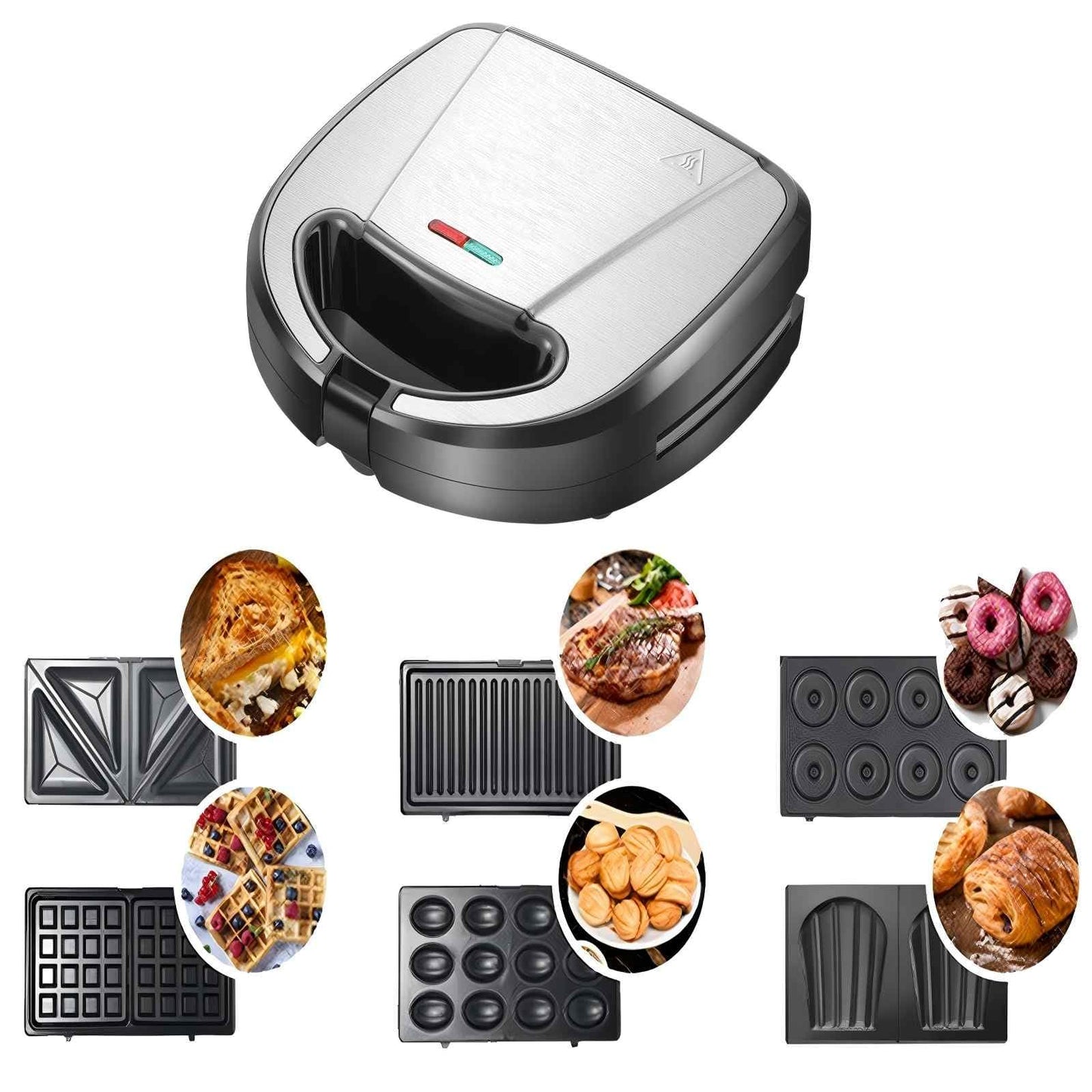 6-IN-1 Panini Press,Grilled Cheese Sandwich Maker,750W,Removable Non-Stick Plates,Easy for Kitchen,Breakfast,Making Sandwich,Waffle and Baking,Gift to Mother,Wife,Friends