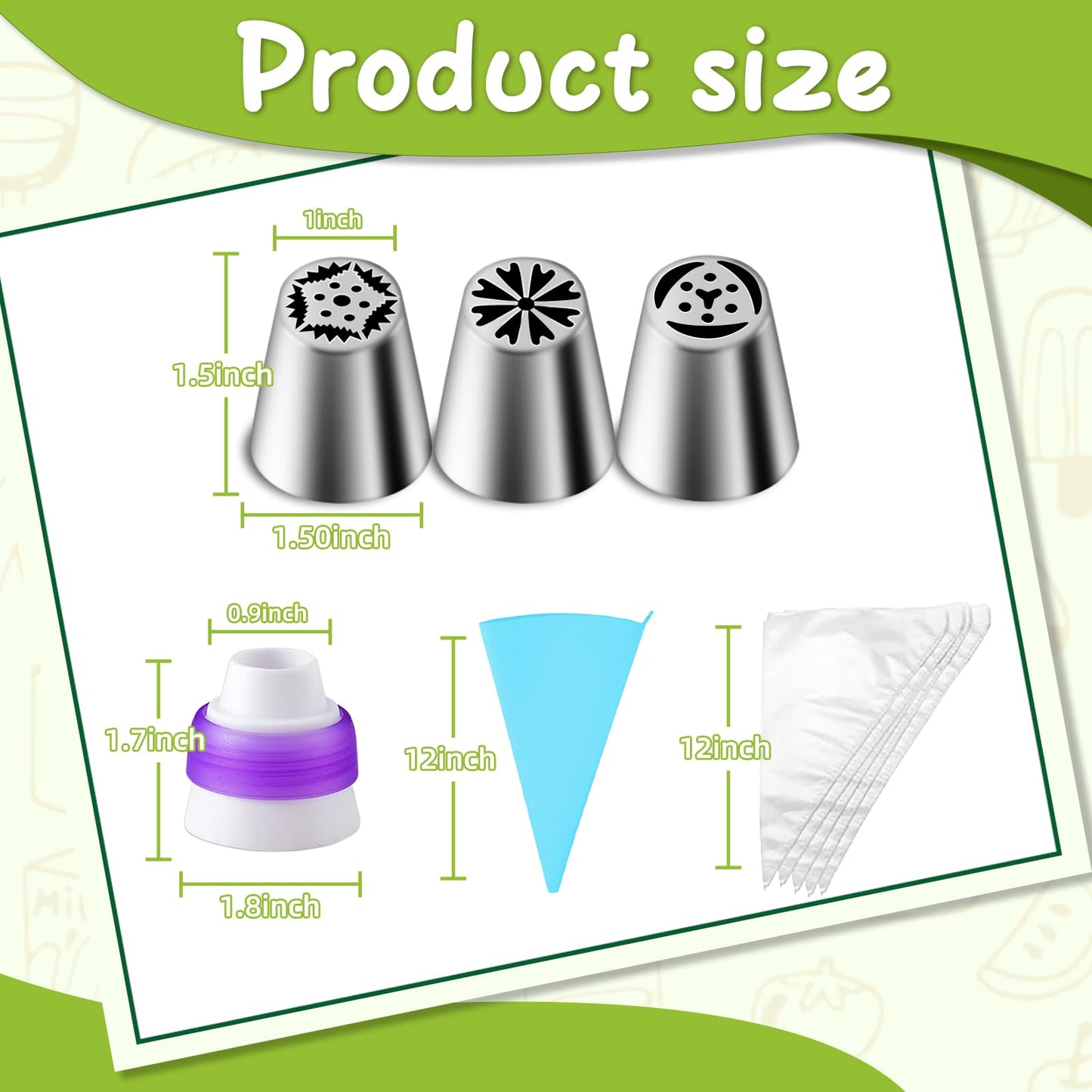 Suuker 27 Pieces Russian Piping Tips Set, Cake Decorating Tips Baking Supplies for Cupcake Cookies Birthday Party (12 Icing Tips 10 Pastry Baking Bags 2 Leaf Piping Tips 2 Couplers 1 Silicone Bag)