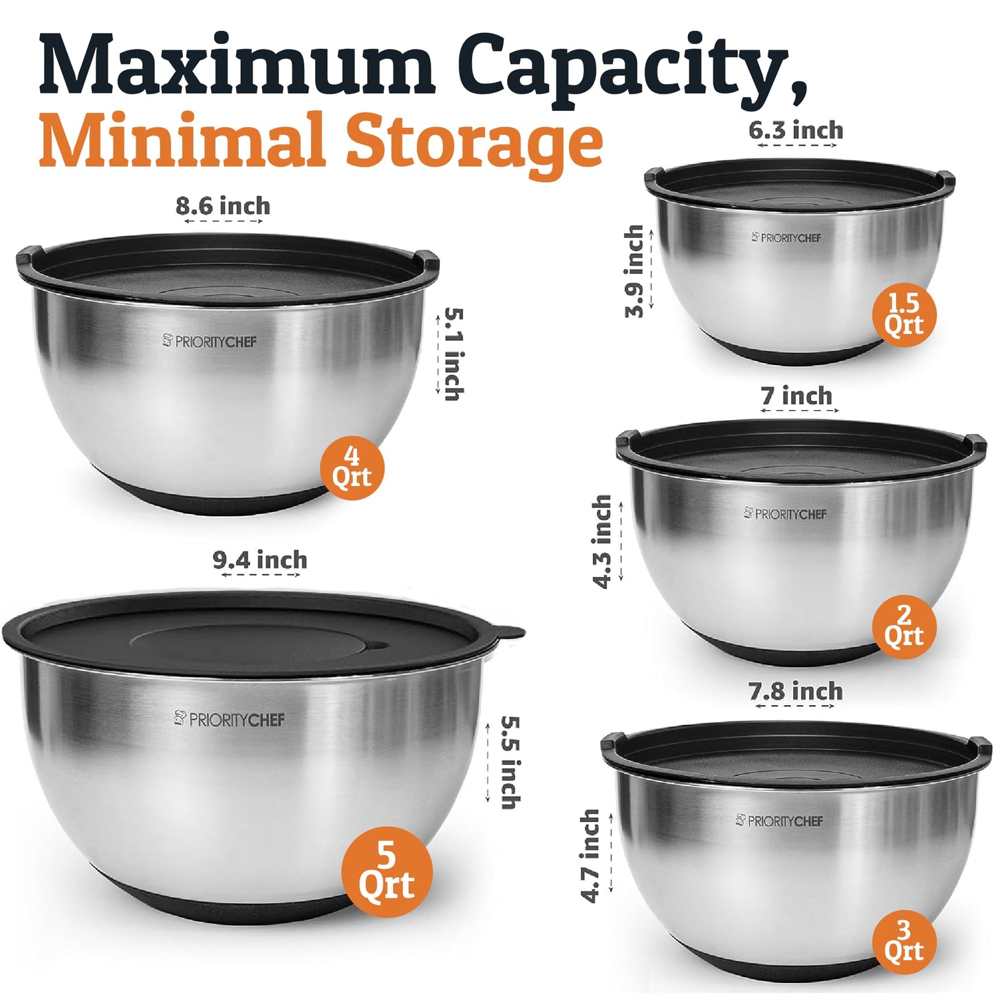 Priority Chef Stainless Steel Mixing Bowls with Lids Set, 3 Grater Attachments, Airtight Lids, Non-Slip Silicone Base Mixing Bowl Set, Large Prep Metal Mixing Bowls for Kitchen, Black