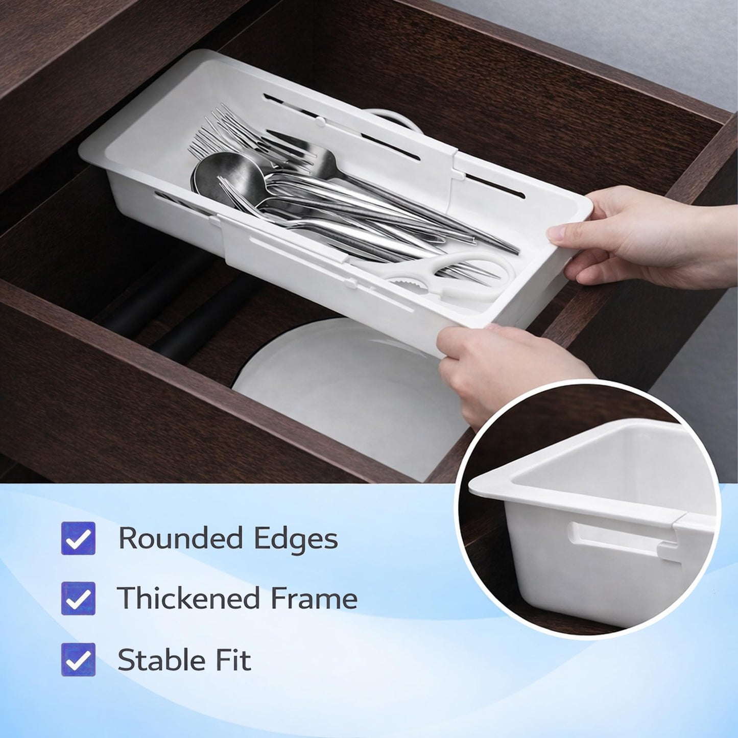 Kirosy 3-Pack Expandable Drawer Organizer for Deep Drawers, Adjustable Storage Tray (17–27 in), Durable PP Smooth Glide Divider for Kitchen, Vanity & Office, Space-Saving Design