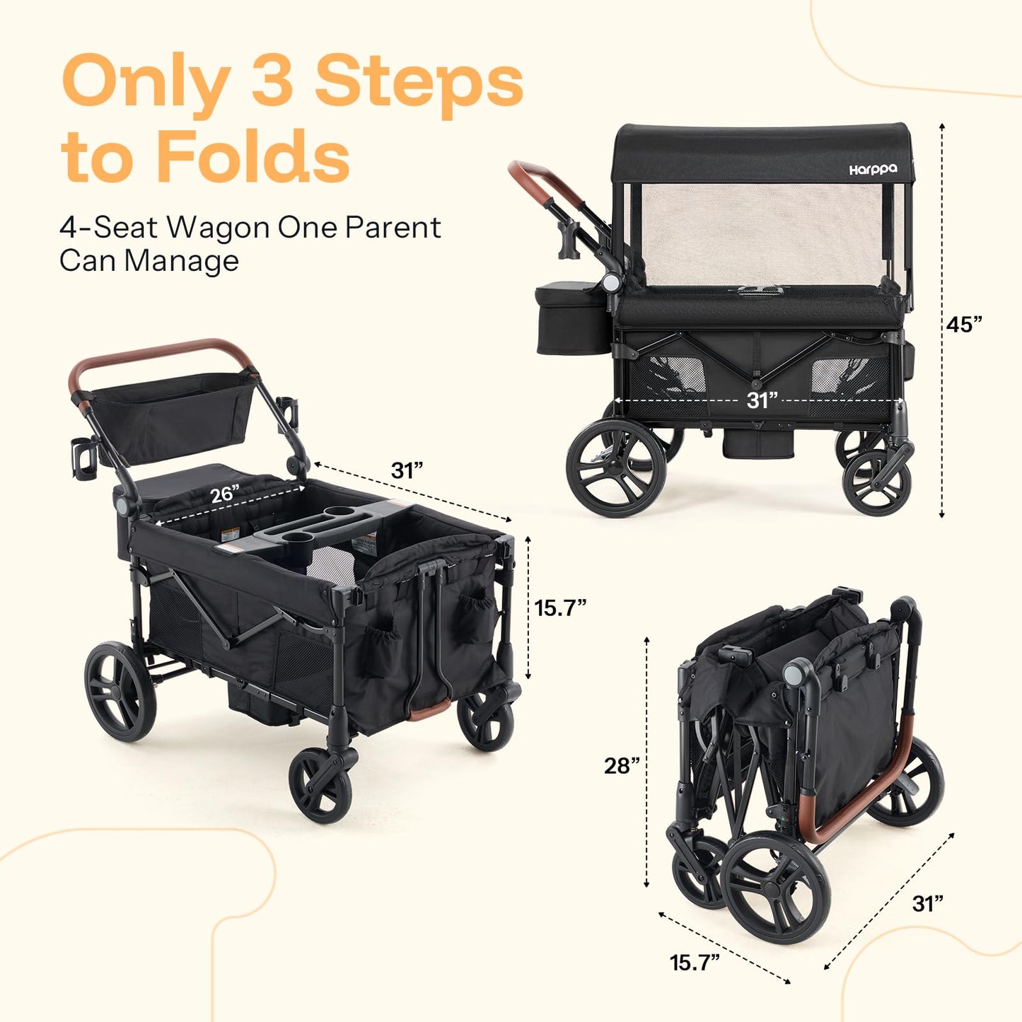 HARPPA Foldable Wagon for Kids, 4 Seater Stroller Wagon with Mosquito Net, Canopy UPF50+, All-Terrain Wheels, Adjustable Handle, One-Button Fold Easy Store for Baby Toddler Multi-Child Families Black