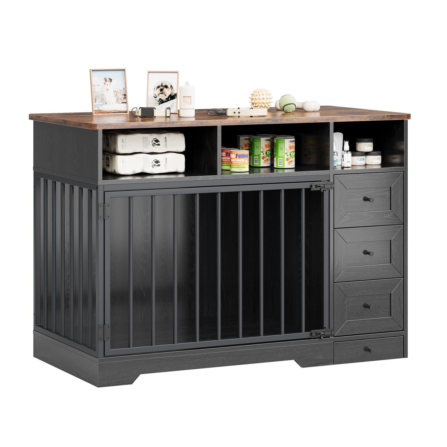 GarveeLife 48'' Dog Crate Furniture, Farmhouse Heavy Duty Dog Kennel with Bowl & Storage Drawers, Medium Dog Cage End Table for Small Medium Dogs, Black