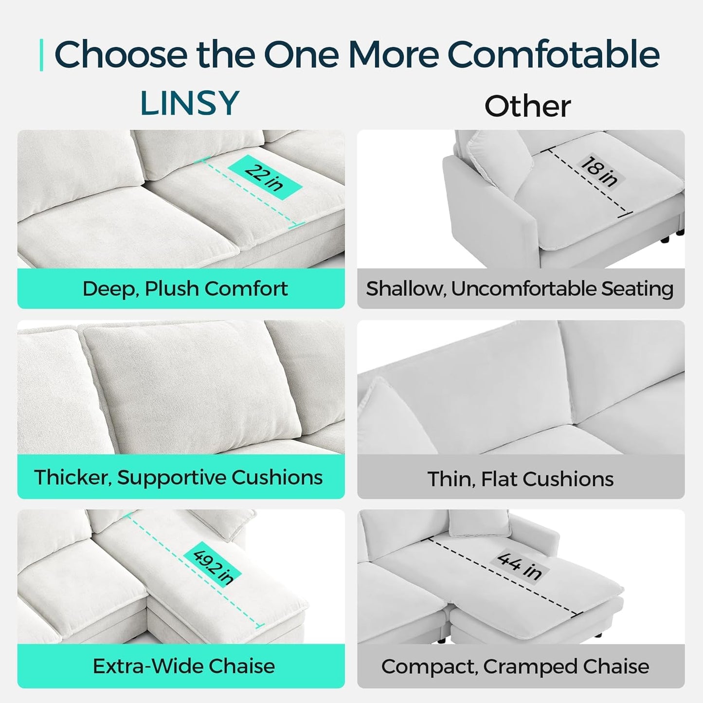 LINSY HOME Modular Sofa Chaise Lounge, 65" Cloud Sofa Bed Lounge with Armrests, Chenille Sleeper Sofa for Living Room, Apartment, Home Theater, Beige