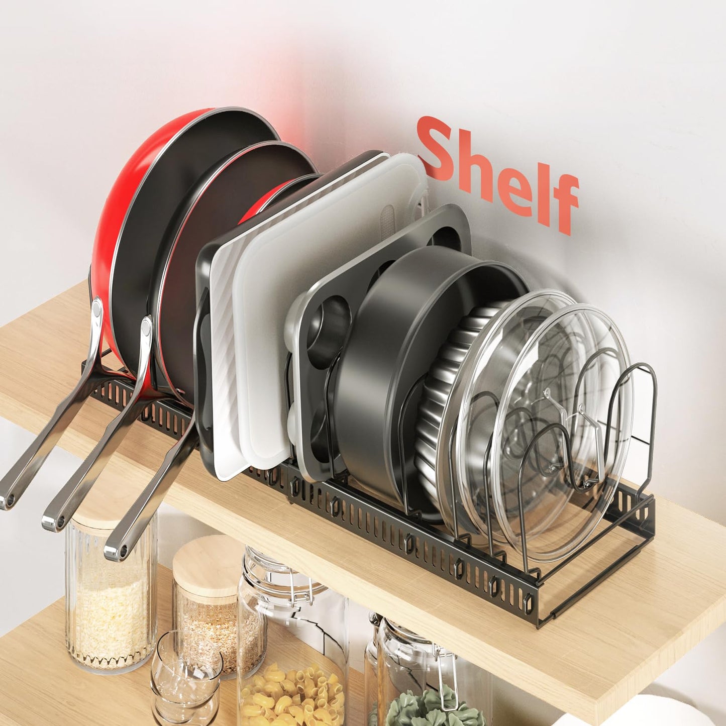 ORDORA Pots and Pans Organizer under Cabinet, Expandable 11.8"-22.8" Pot Lid Holder with 12 Adjustable Dividers, Pan Organizers inside Cabinet for Kitchen Cookware Bakeware, Black