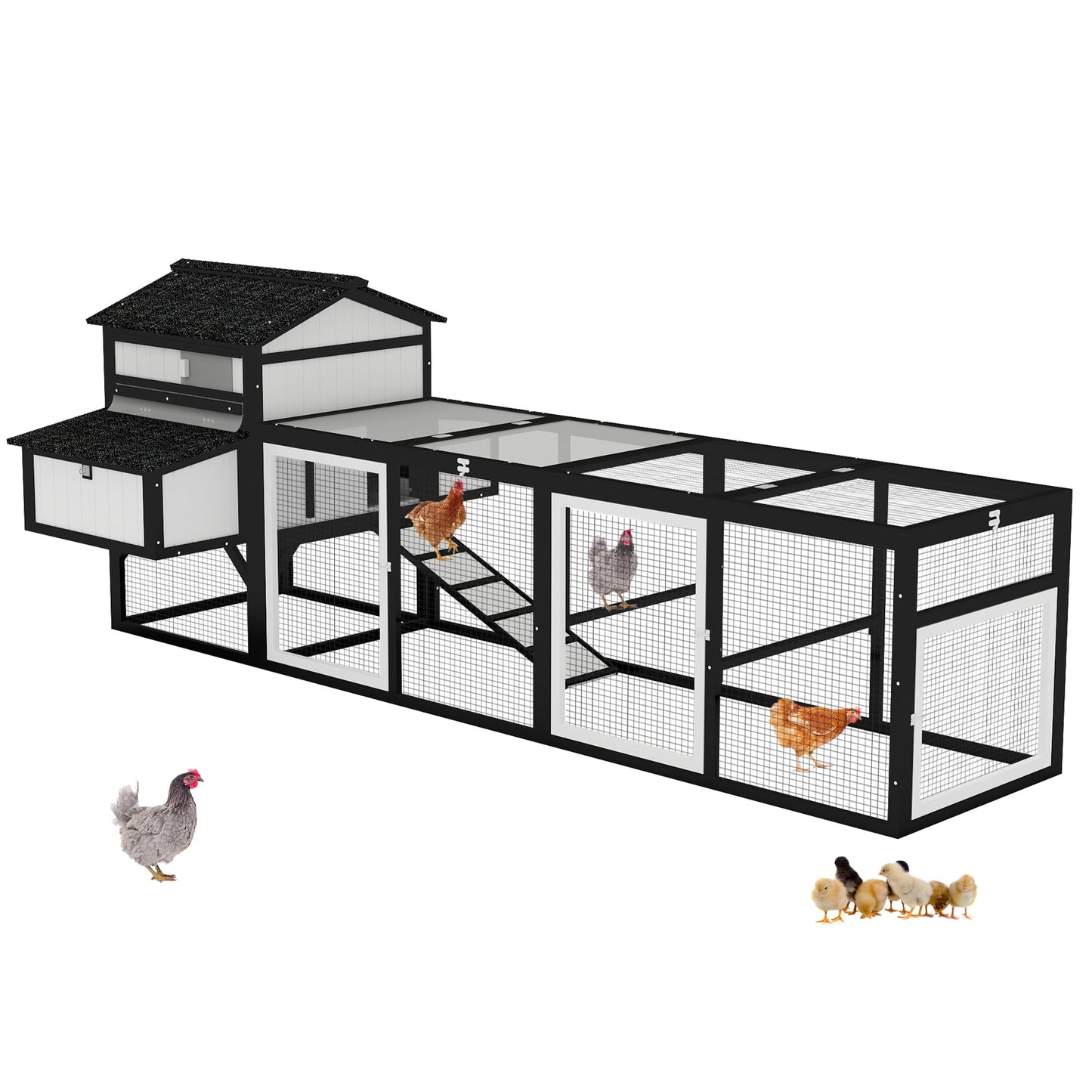 Ketive 116" Large Chicken Coop with Run, Wooden Hen House Outdoor Poultry Cage 28.41 ft² for 4–6 Chickens, 4 Nesting Boxes, 4 Perches, Easy-Clean Slide Out Tray, Expandable Backyard Coop