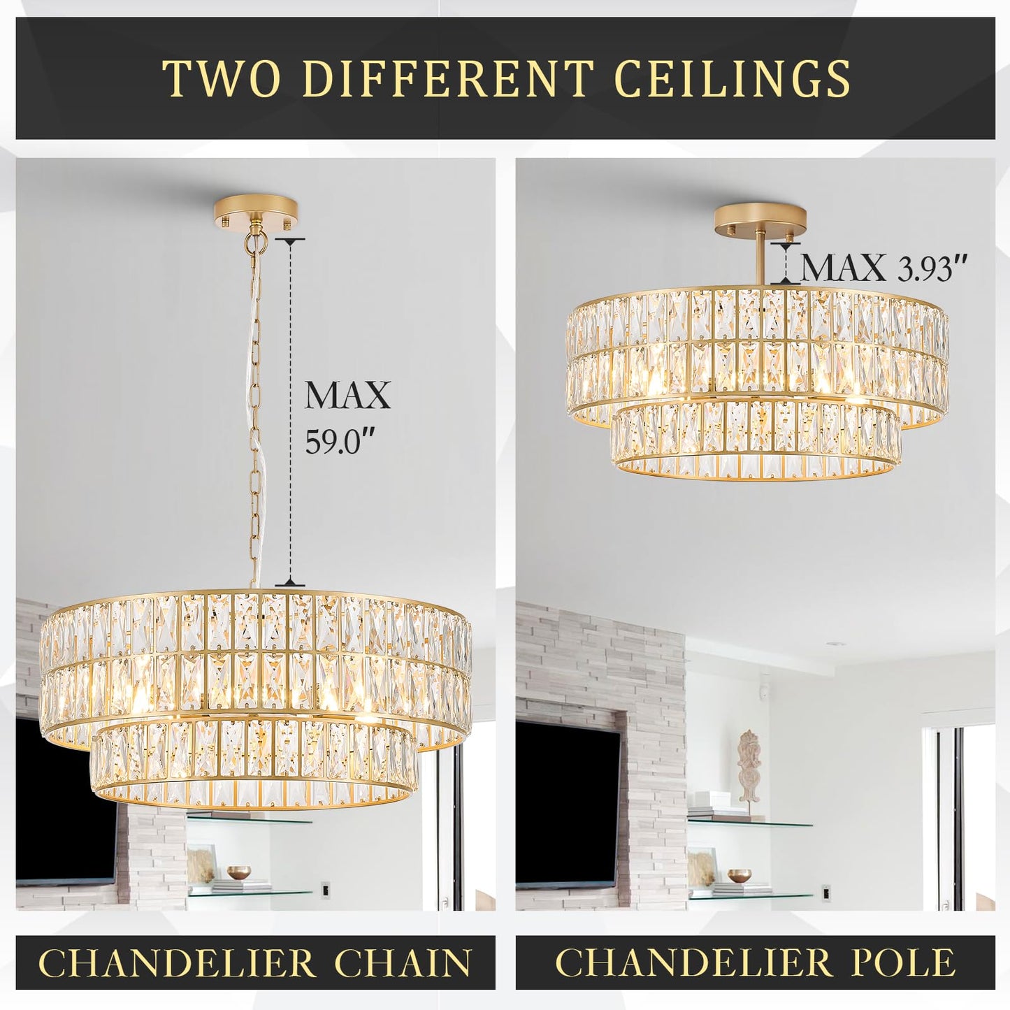 CATINER 24'' Modern Crystal Chandelier 8-Lights Luxury Gold Semi Flush Mount Ceiling Light Fixtures Round Crystal Pendant Chandelier for Living Room Dining Room Foyer Bedroom Kitchen