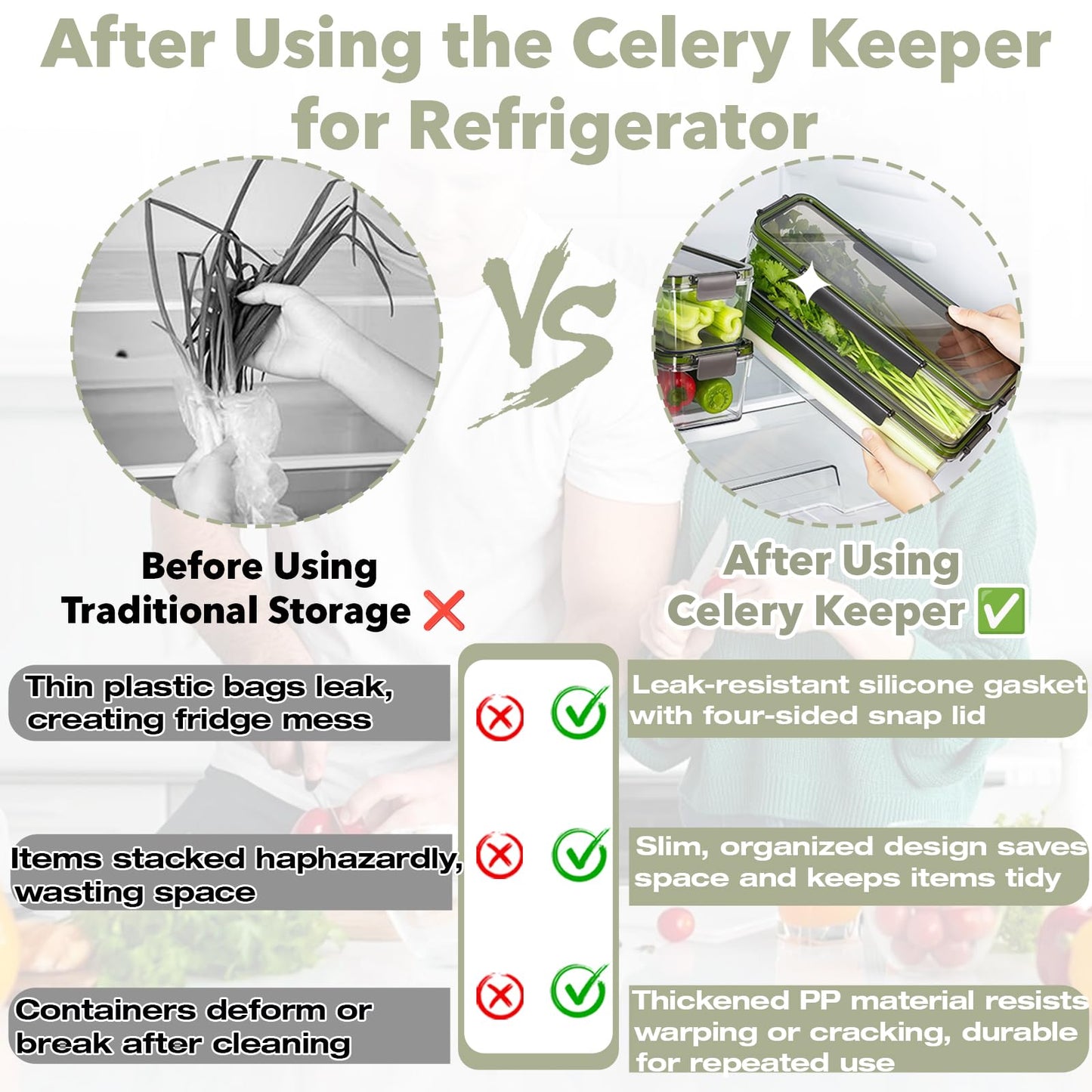 Celery Keeper for Refrigerator, BPA-Free Celery Storage Container with Lid – Leak-Proof Silicone Gasket & Four-Sided Snap Lock, Durable PP Food Storage Bin for Fresh Celery, Carrots & Cucumbers