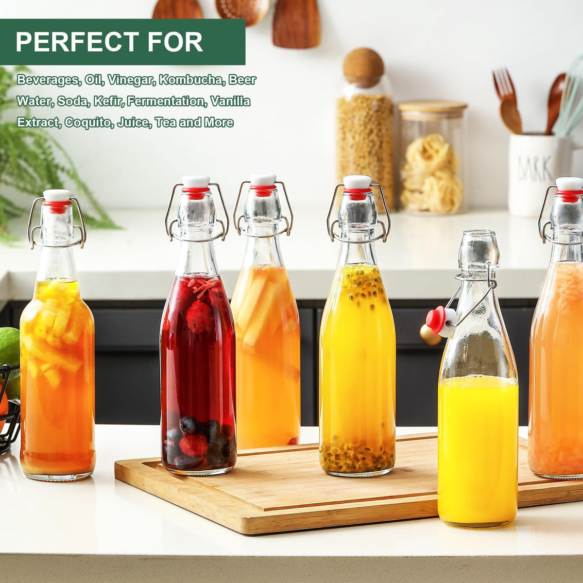 8 Set 16 OZ Swing Top Glass Bottles - Flip Top Beer Brewing Bottles with Stopper for Fermentation, Kombucha, Mead Kefir, Vanilla Extract, Juice, Tea, Wine, Soda - Airtight Cap Lids, Bonus 2 Pourers