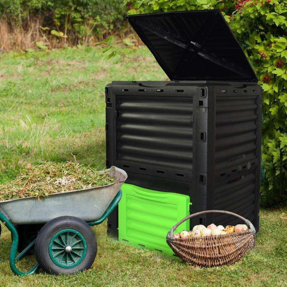 EJWOX 80 Gallon (300L) Large Capacity Static Compost Bin - Forest Green Outdoor Waste Composter with Easy-Access Hatch, Efficient Aeration System for Fast Organic Fertilizer, Sturdy Design