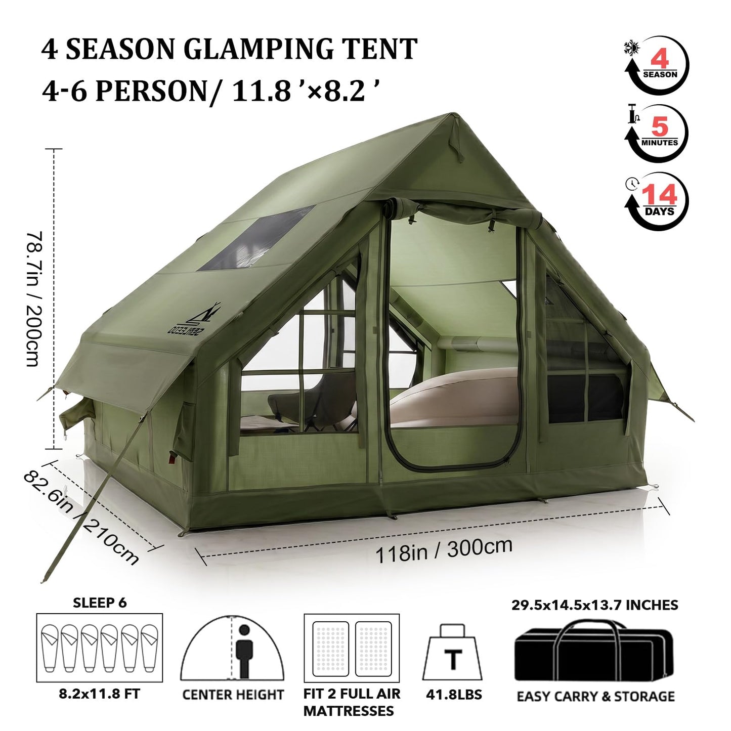 9.8' x 7' Inflatable Tents for Camping 4-6 Person, 4 Season Blow Up Tent with Waterproof & Anti-Moisture Tarp, Luxury Inflatable Hot Tent with Stove Jack for Camping Outdoors
