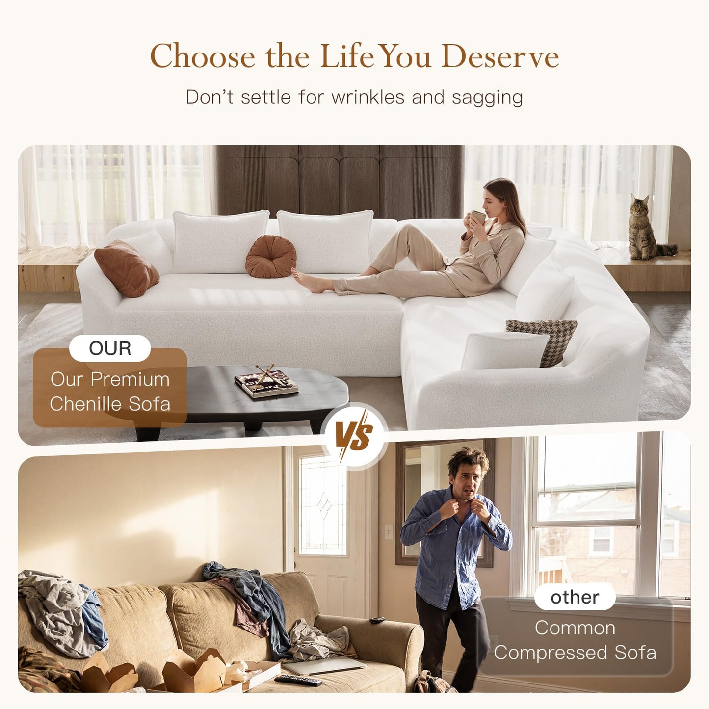 Vesgantti Luxury Modern Curved Sectional Sofa, Oversized Chenille Cloud Couch for Living Room, Comfy Luxury L-Shaped Boneless Sofa with Extra Deep Seat, Tool-Free Assembly, Snow White