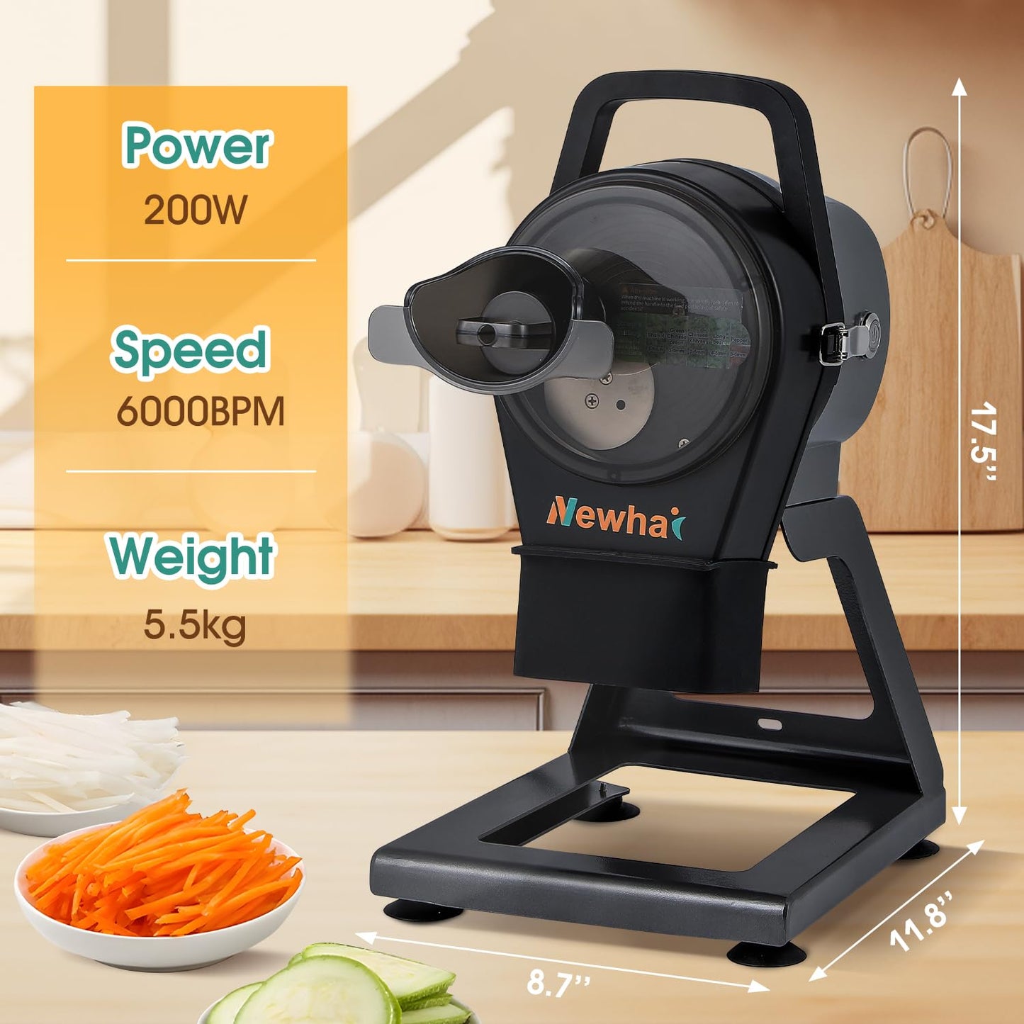 Newhai Commercial Spring Onion Slicer Scallion Cutter Shredder Electric Vegetable Cutter for Garlic Ginger Chili Potato with 3 Inlets, 1-5mm Thickness, 304 Stainless Steel Blade, 6000BPM, 200W