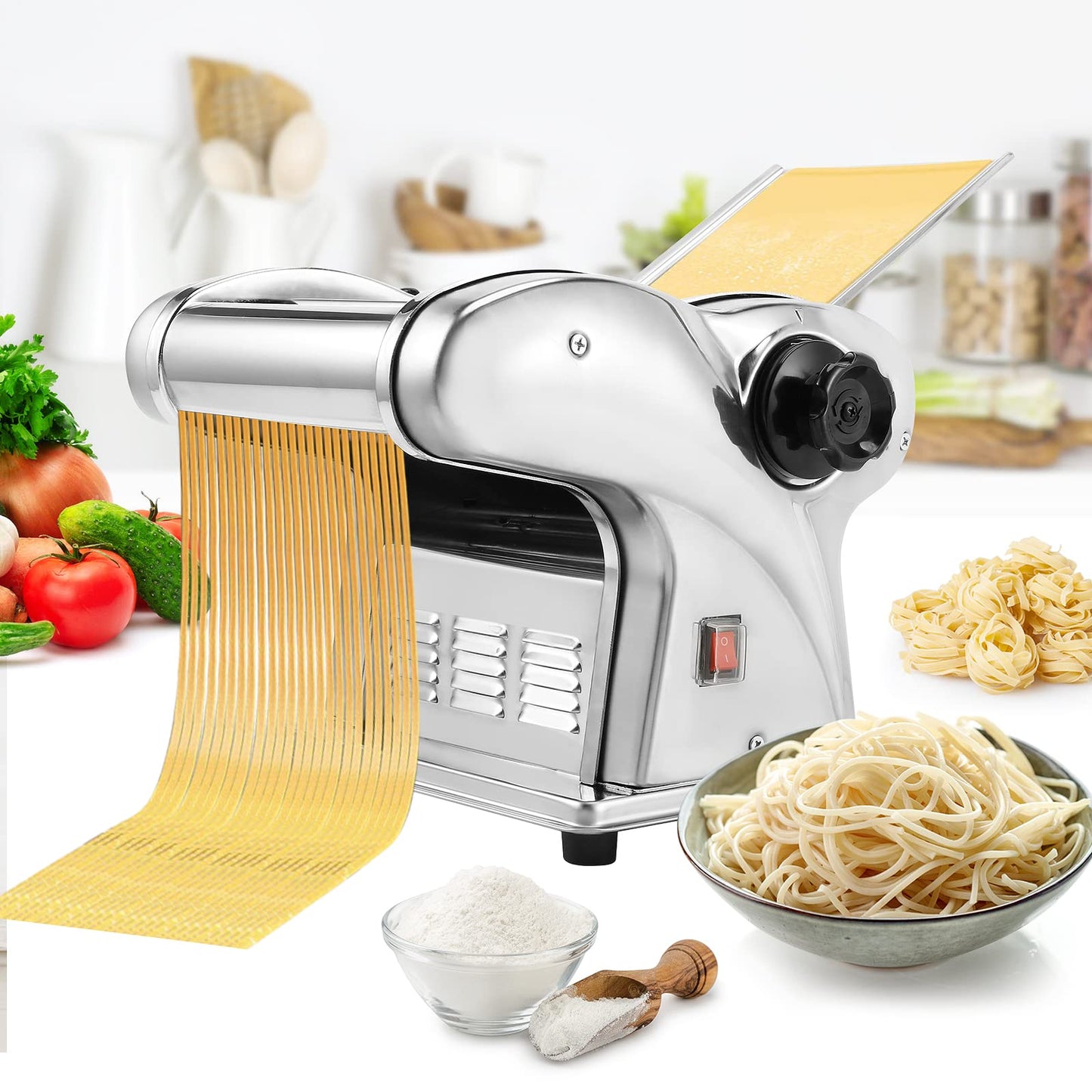 WICHEMI Electric Pasta Maker Machine 3 IN1 Pasta Dough Spaghetti Roller Noodle Pressing Machine Stainless Steel 135W for Home Family Use (2.5mm round noodle+4mm flat noodle+9mm flat noodle)
