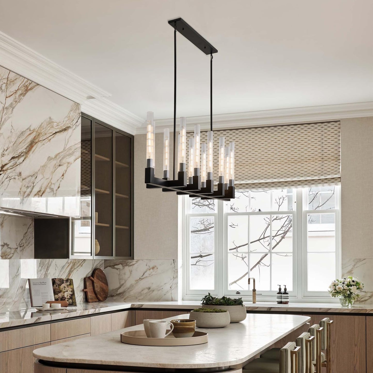 Black Farmhouse Dining Room Chandelier: 54" Modern Linear Rectangle Dining Room Light Fixture - Long Glass Metal Pendant Chandeliers for Kitchen Island - Large Lighting over Kitchen Table Living Rooms