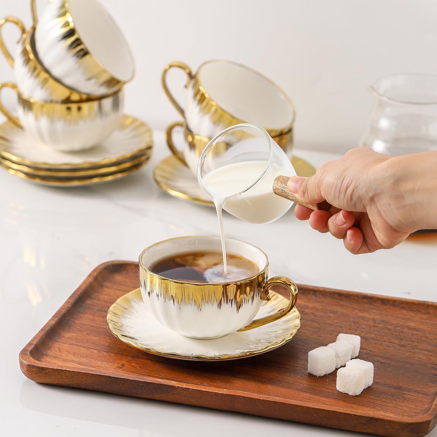 LETAOTAO Cappuccino Cups with Saucers, 7 oz Porcelain Double Espresso Cups Set, Ceramic Turkish Coffee Cups with Gold Trim, Tea Cups Set of 6, Cafe Cups for Latte, Mocha, Au Lait, White