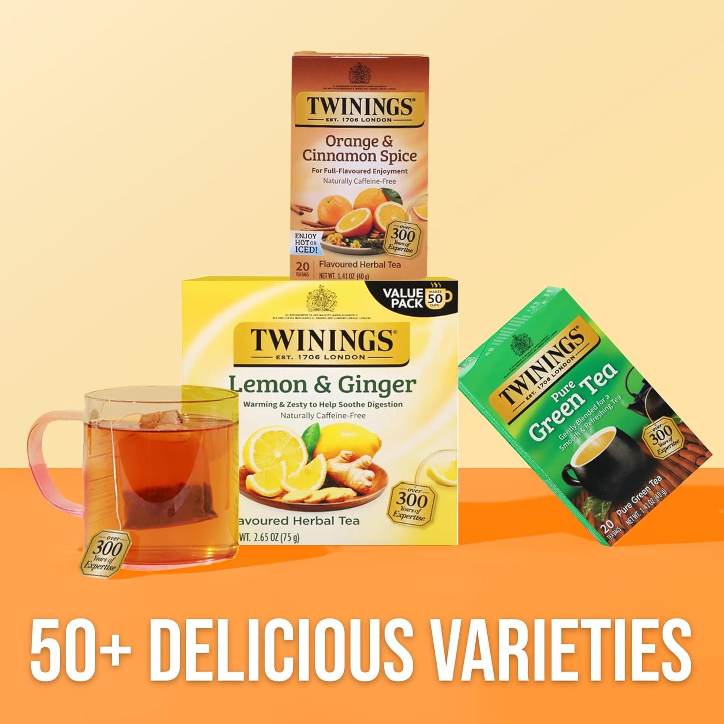 Twinings Herbal Tea - Orange & Cinnamon Spice, Naturally Caffeine-Free, 20 Individually Wrapped Bags (Pack of 6)