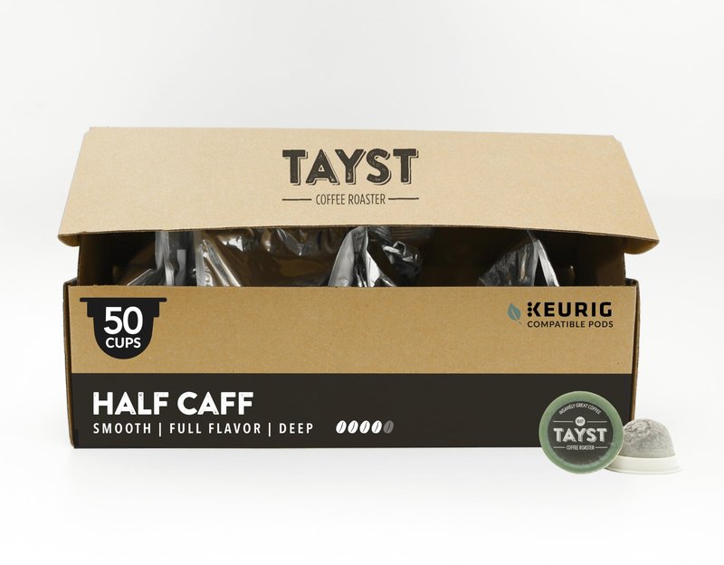 Tayst Coffee Pods, Half Caff Dark Roast, K Cups Compatible with Keurig Coffee Maker, Reduced Caffeine, Sustainable Single Serve, Pack of 50