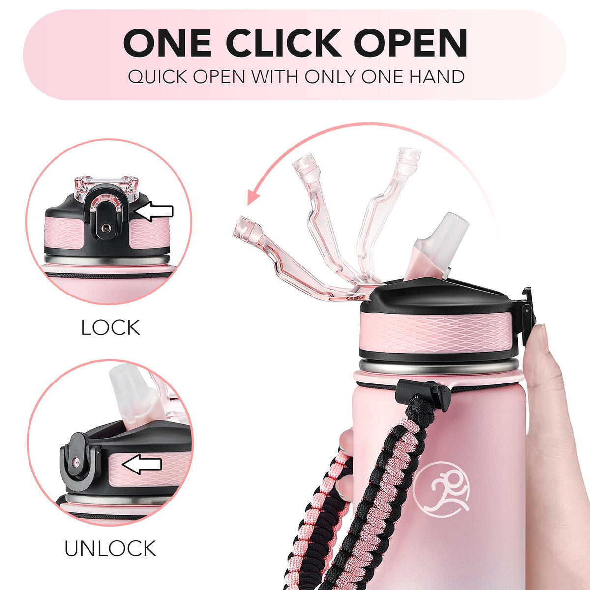 GOSWAG Insulated Sports Water Bottle, 24oz 2 Lids(with Straw/No Straw), Stainless Steel Water Bottles with Paracord Handle, Insulated Bottle with Double-Wall Vacuum Insulation