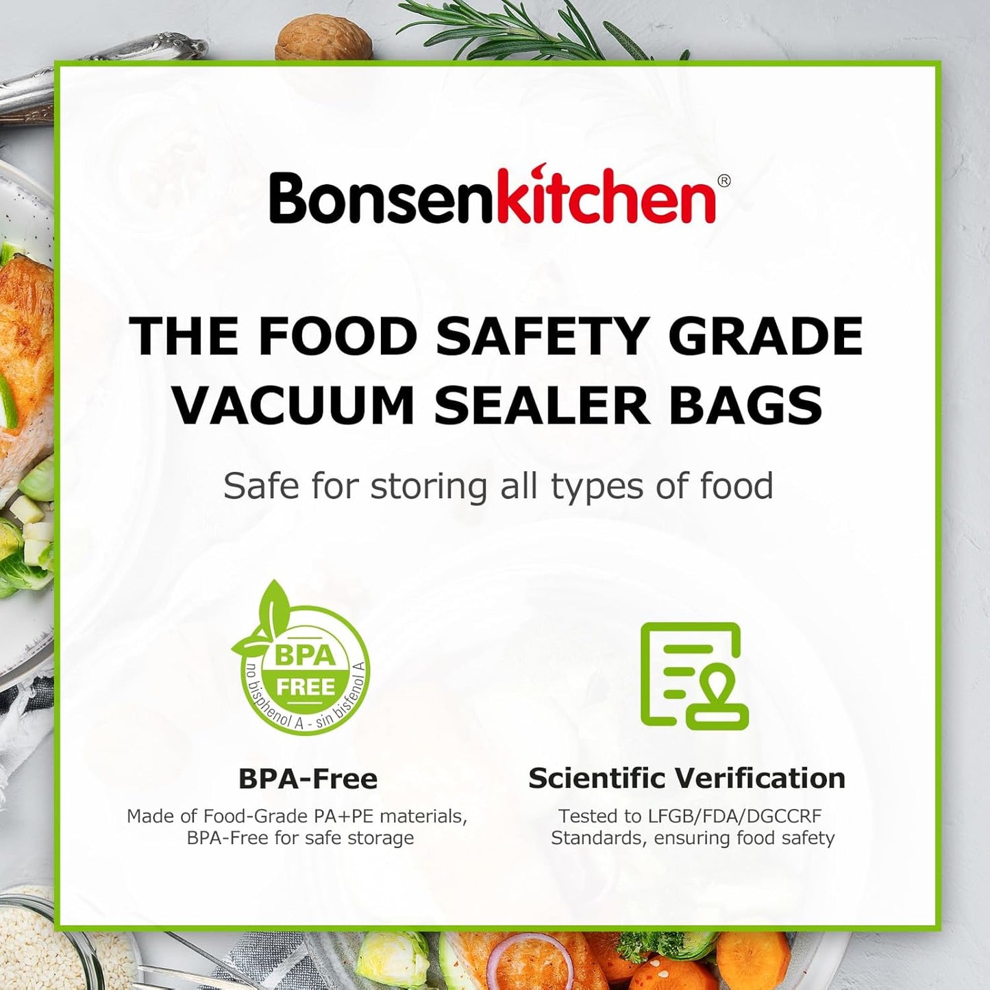 Bonsenkitchen Vacuum Sealer Bags - Heavy Duty 11" x 20' Rolls | BPA-Free Food Storage Saver, Ideal for Sous Vide Cooking
