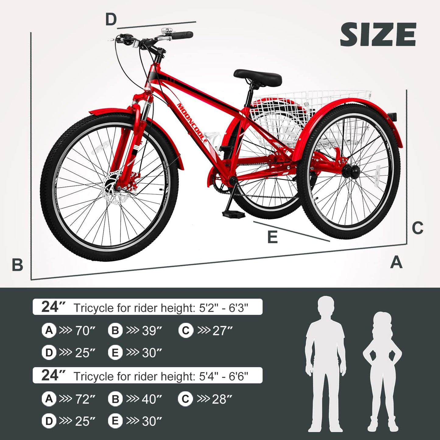 ABORON Adult Mountain Tricycle, 7-Speed 3-Wheel Mountain Bikes 24/26/27.5inch Available, Front Suspension, Disc Brake (Scarlet, 27.5" Wheels)