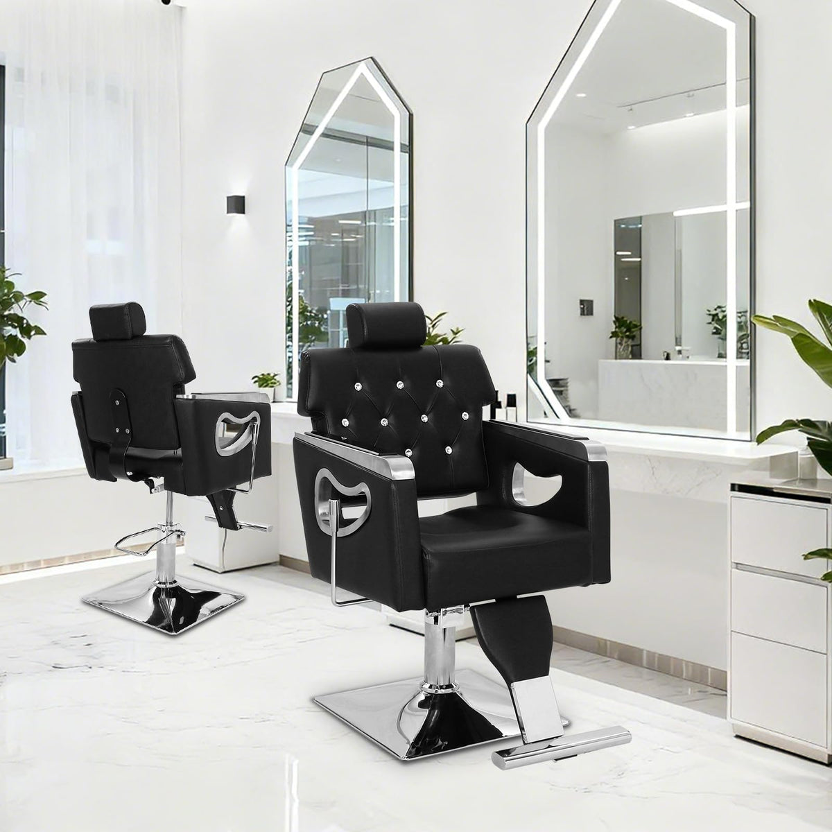 GarveeHome Barber Chair, PU Leather Reclining Salon Chair for Hair Stylist with High-Density Sponge Cushion, Hydraulic Pump Adjustable Height, 360° Swivel, Beauty Spa Equipment, Black and Chrome