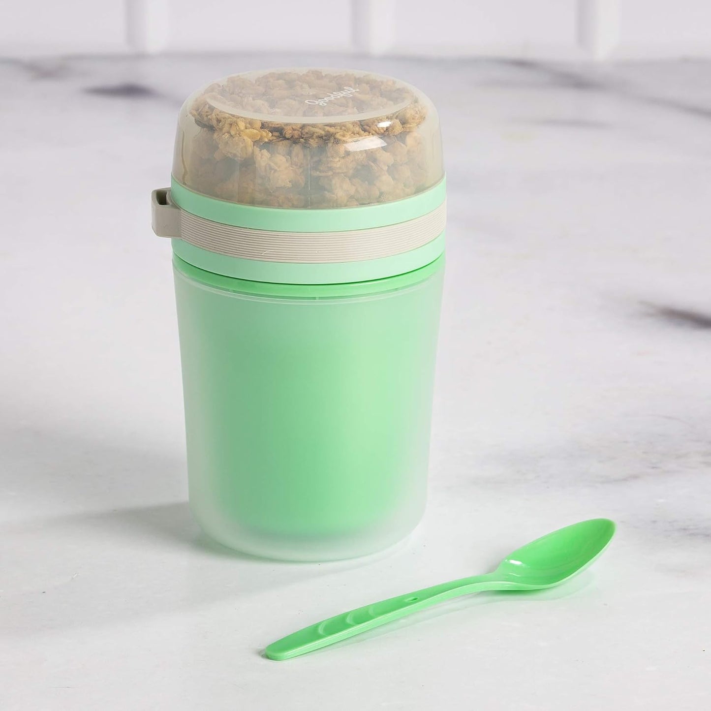 Goodful Double Wall Insulated Yogurt Container - Leak Proof Snack Container with Reusable Spoon, 14-Ounce, Green