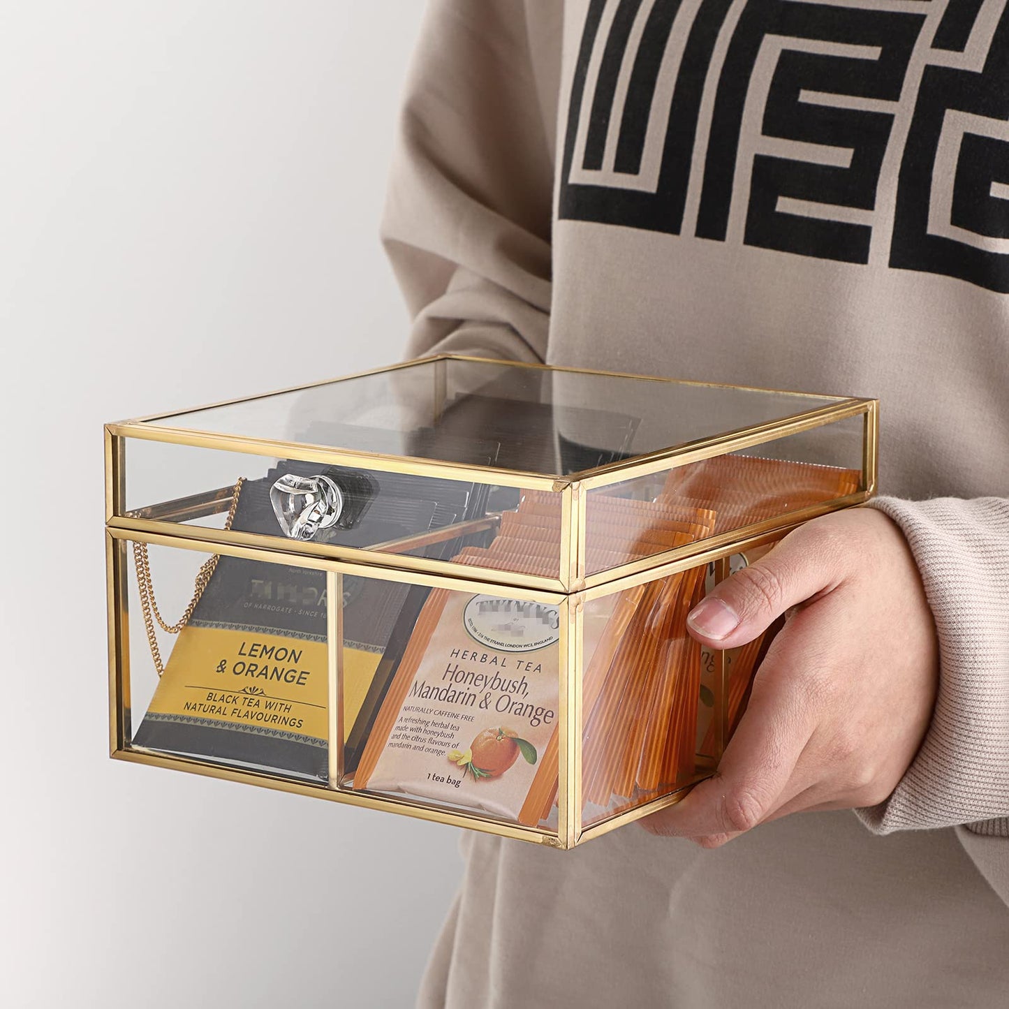 ELLDOO Gold Glass Tea Bags Box with Lid, Trinket Jewelry Box Countertop Storage for Sugar Packets Makeup Sponges Jewelry, 4 Grids, Glass Box Only