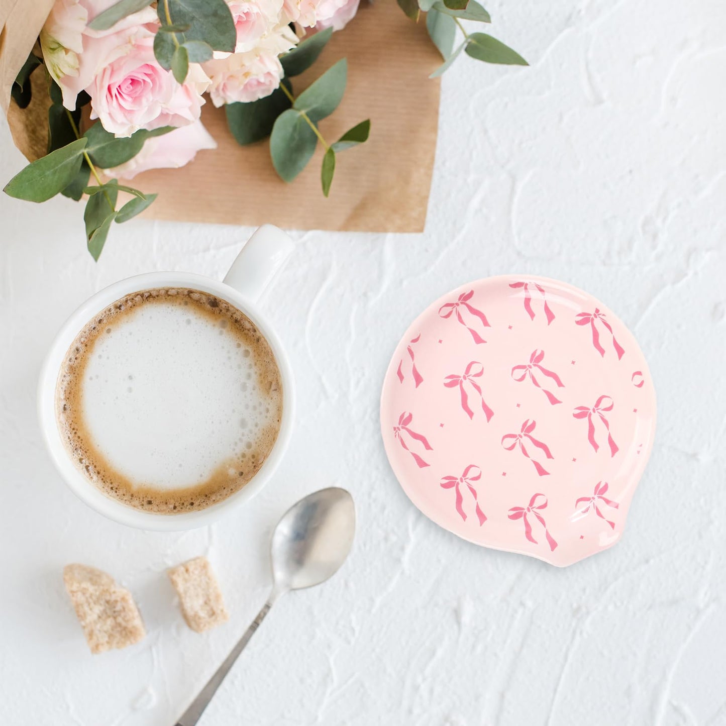 JarThenaAMCS 4.7inch Valentine's Day Pink Bow Spoon Rest Bowknot Small Coffee Ceramic Spoon Holder for Gift Coffee Stirrers Station Teaspoon Bar Stove Top Kitchen Counter Accessories