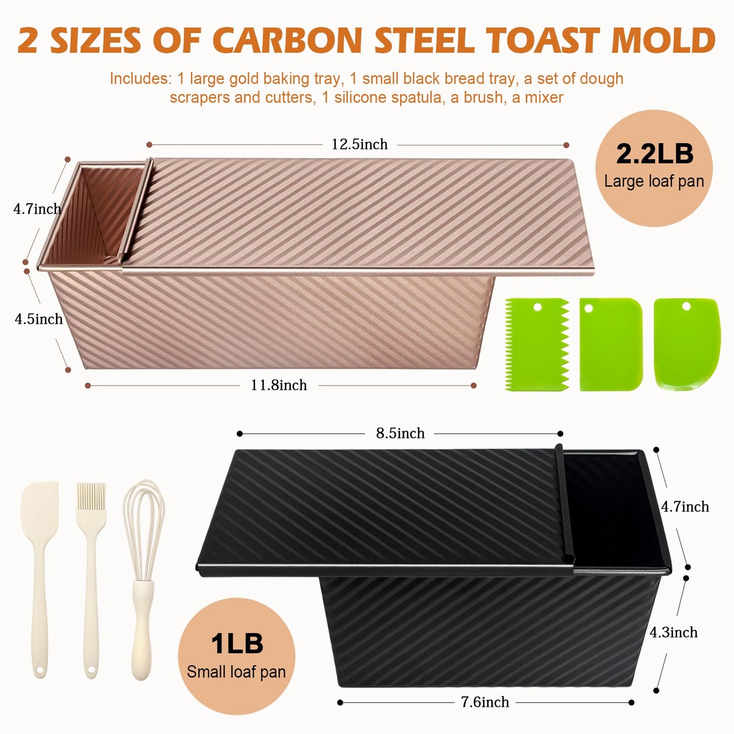 Dipanist 2Pack Pullman Loaf Pans with Lids – 2.2 LB & 1 LB Dough Capacity, Non-Stick Carbon Steel Bread Pans for Homemade Sandwich and Sourdough Bread, Corrugated Toast Mold