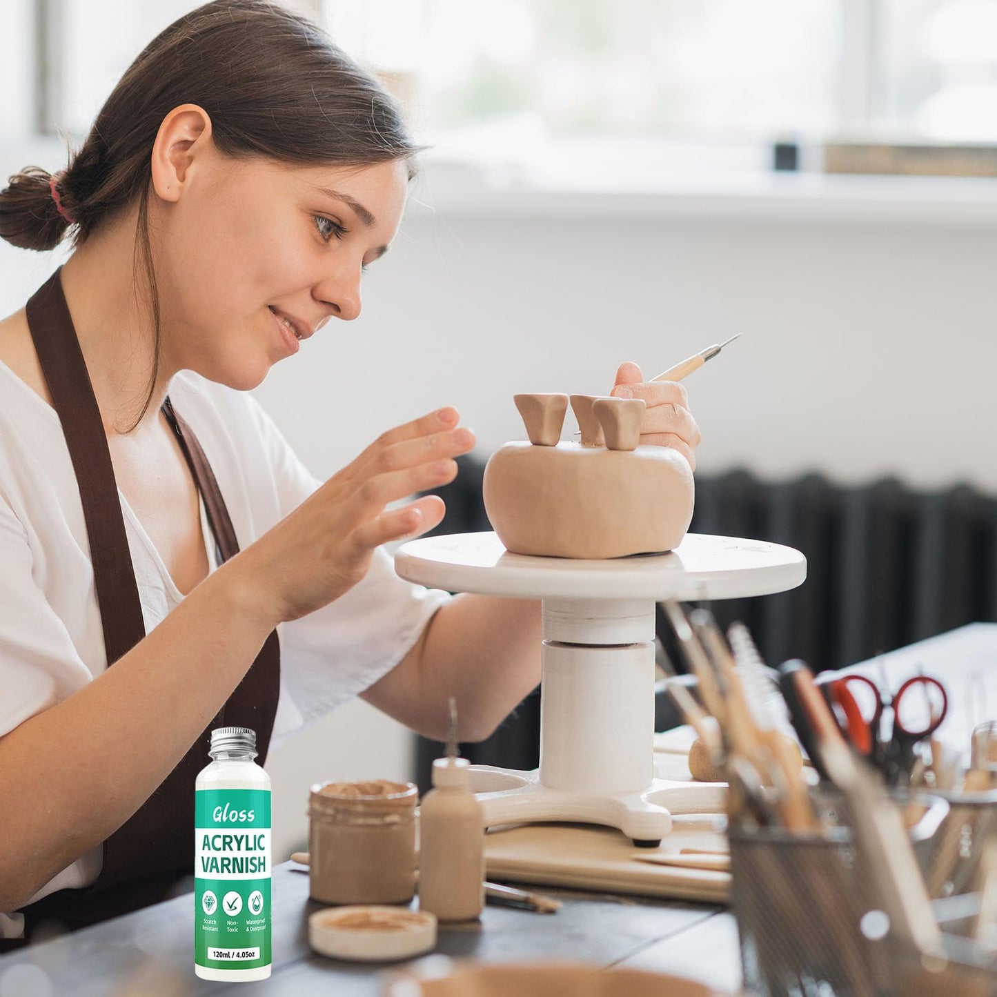 120ML Air Dry Clay Glaze with 29PCS Clay Tools Kit, Gloss Polymer Clay Kit and Clay Varnish, Pottery Tool Kit for Sculpting, Modeling, Shaping Crafts, High Gloss, Scratch Resistant