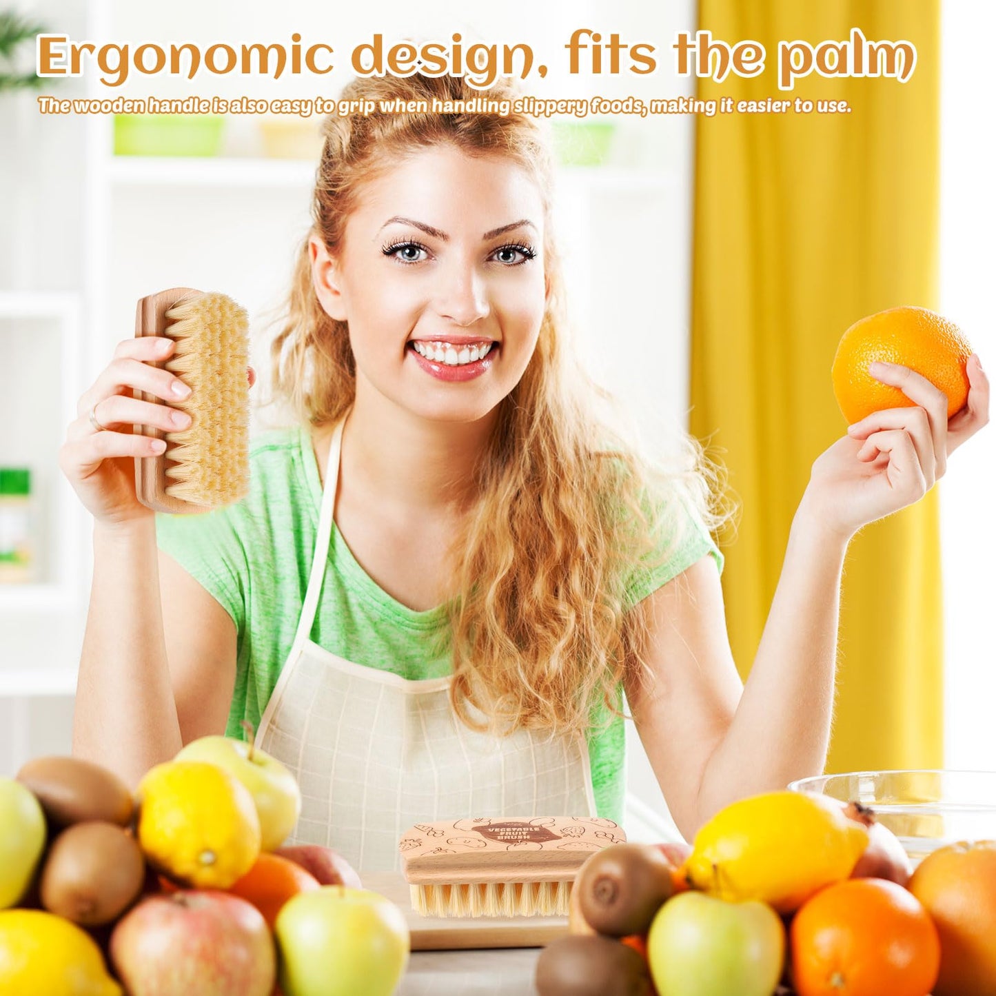 Vegetable and Fruit Cleaning Brush Scrubber Beechwood Handle Fruits Veggie Wash Brushes Potato Carrot Cucumber Mushrooms Washing Cleaner(Beige, 2)