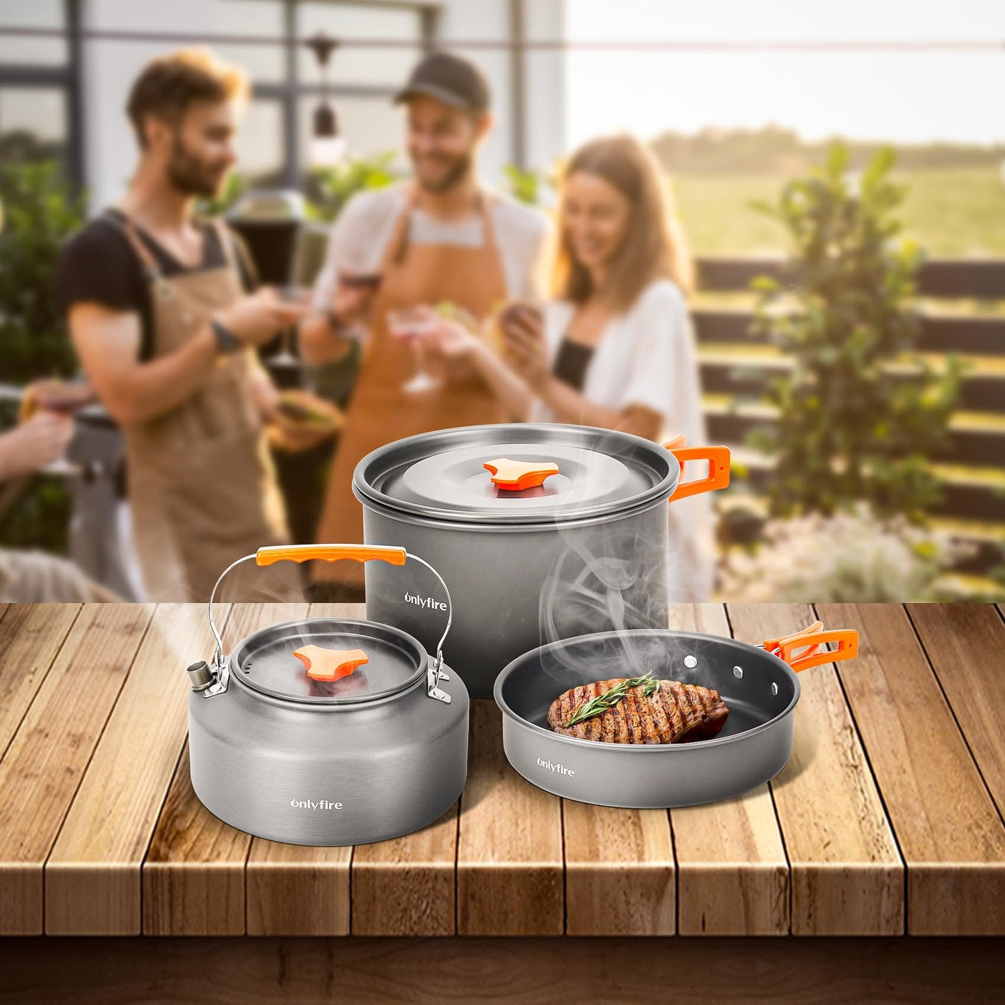ONLYFIRE OUTDOOR LIVING14pcs Camping Cookware Set, Lightweight Nonstick Pots, Pan, Kettle, Utensils, Bowls, and Cleaning Tool with Mesh Bag for Camping Hiking Backpacking RV Tailgating Cooking, CT604