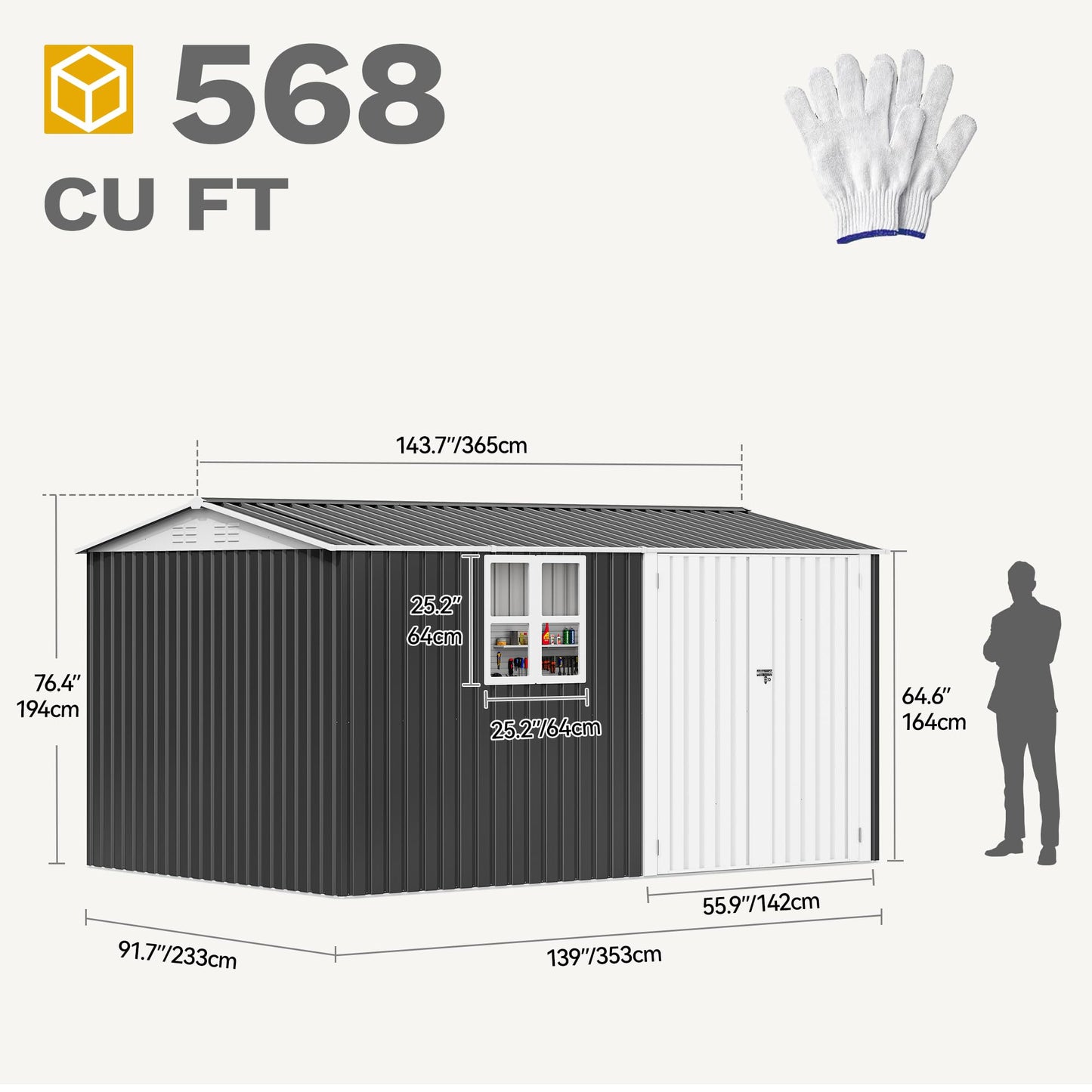 DWVO 12x8ft Large Tool Storage Shed with Window, Lockable Doors, and Sloped Roof, Oversized Steel Outdoor Storage Shed for Garden, Patio, Garage, Backyard, Lawn(Gray + White)