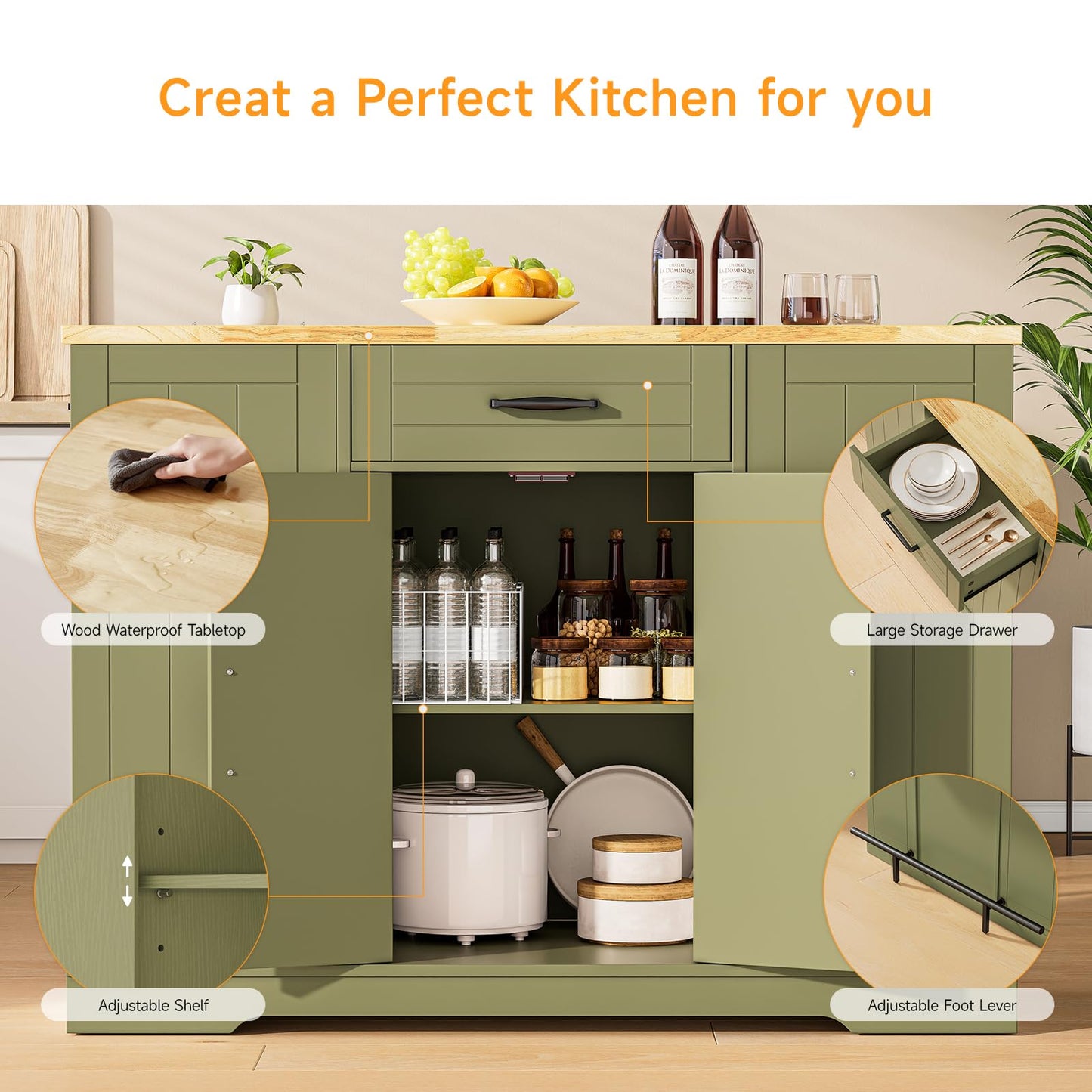 ONBRILL Stationary Kitchen Islands Include 2 Chairs, 47" Kitchen Island with Drop Leaf, Home Bar Table with Spice Rack & with Trash Cabinet, Island Table for Dining Room with Power Outlet, Green
