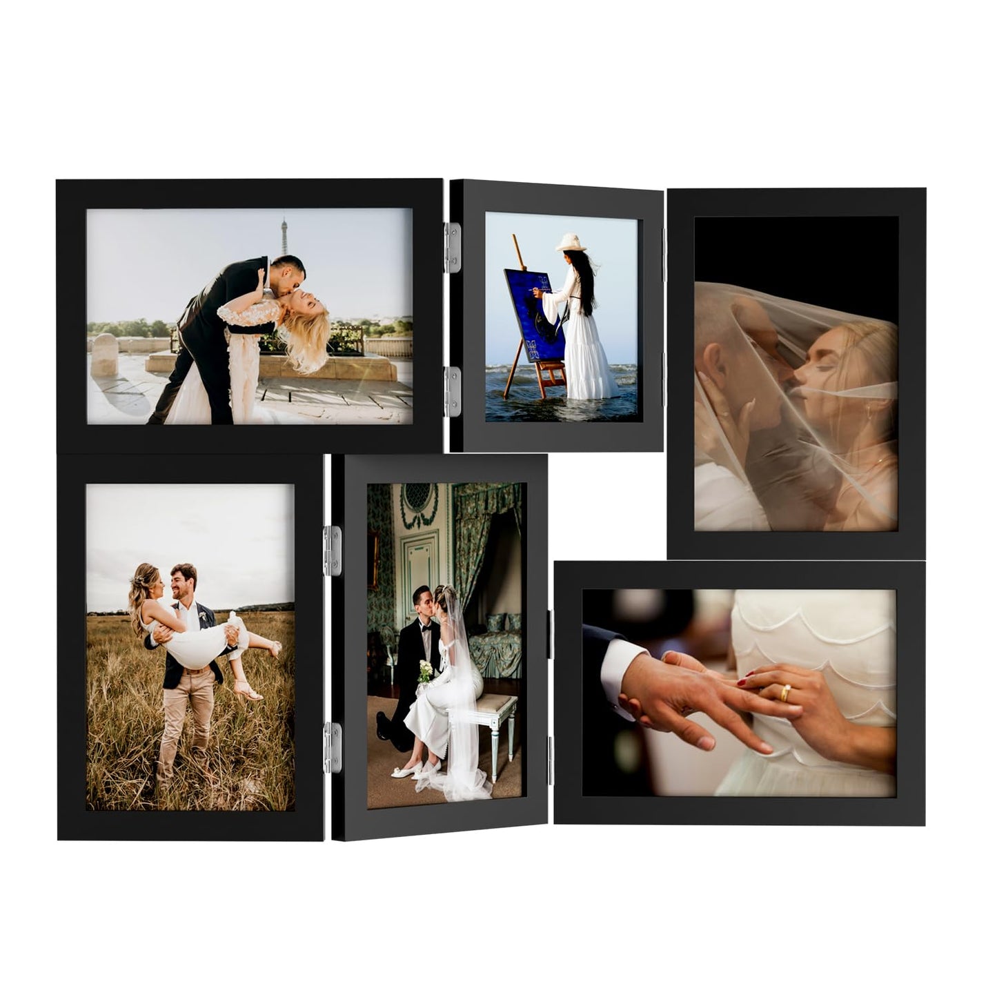 WARM&LOVE 6 Picture Frame, 4x6 & 4x4 Six Folding Hinged Photo Frames, Rustic Wood Desk Family Photo Collage Stand Vertical on Tabletop for Birthday Family Lover Gift (Black)