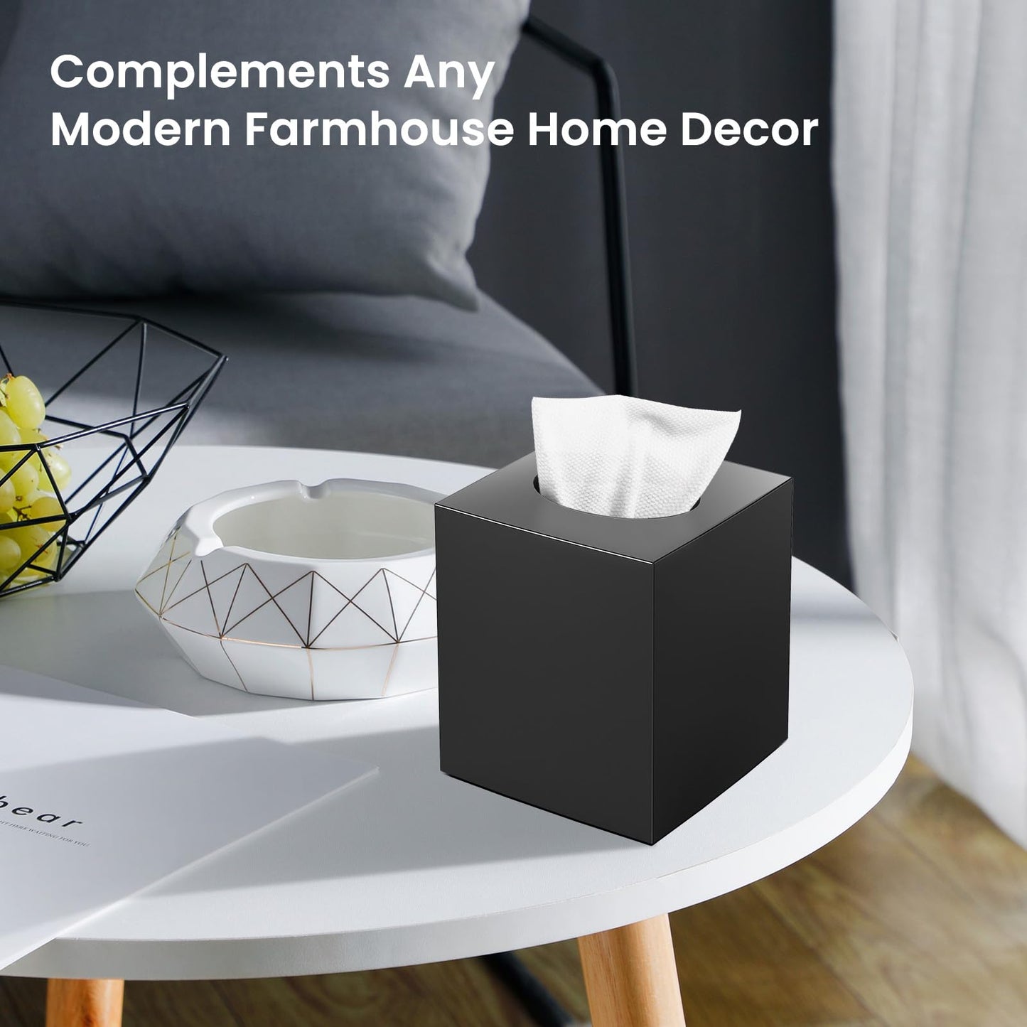 Tissue Box Cover, Square Modern Facial Acrylic Tissue Holder Napkin Dispenser Accessories for Bathroom Vanity Countertop,Bedroom Dresser,Night Stand,Desk,Office (Black)