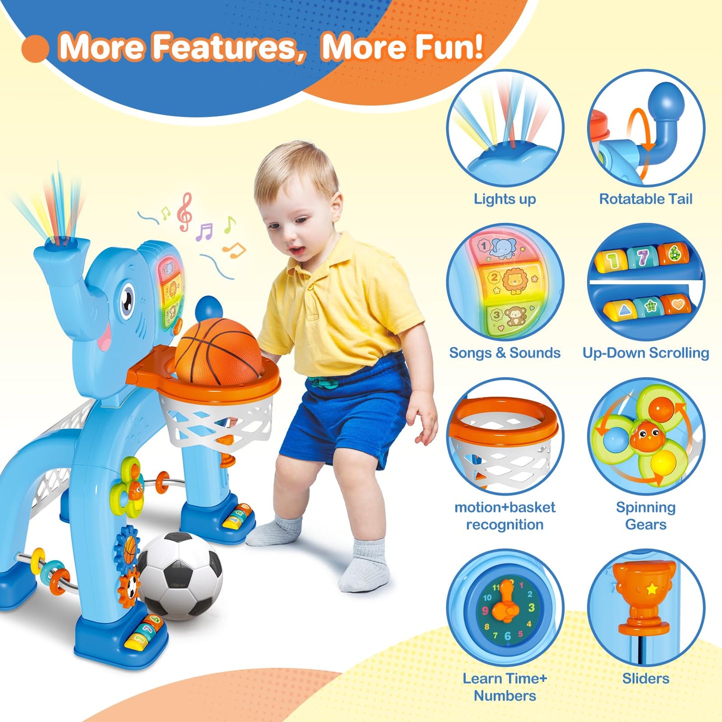 SpringFlower Toddler Basketball Hoop & Soccer Goal Activity Center Toys with Light & Music,Elephant Toddlers Musical Toys Gift, Baby & Toddlers Christmas Birthday Gift for 1 2 3 Year Old Boys & Girls