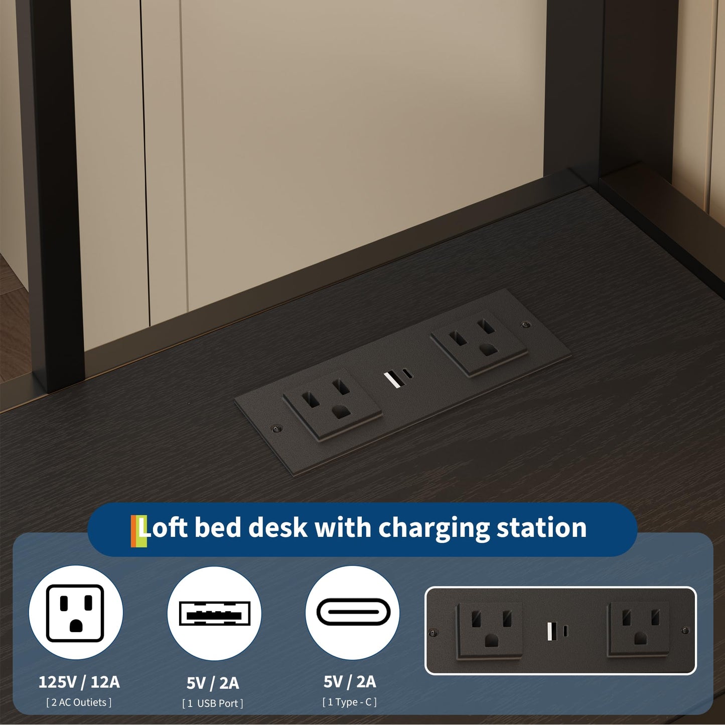 Twin Size Loft Bed with Desk, 4 Large Fabric Drawers and Open Shelves, Heavy Duty Metal Loft Bed with LED Lights, Power Outlets, Safety Guardrails & Ladder, Space Saving, No Box Spring Needed, Black