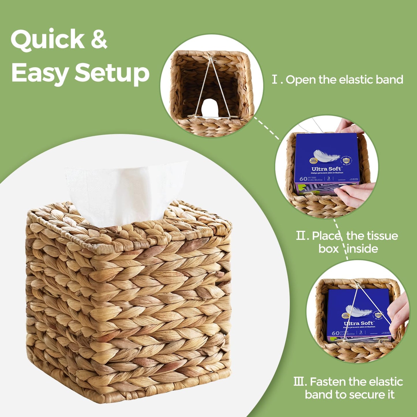 Tissue Box Cover, Square Wicker Tissue Box Holder Facial Tissues Boxes, Hand Woven Napkin Box Tissue Holder for Bathroom Bedroom Office Table Desk Night Stand, Boho Decorative, Natural