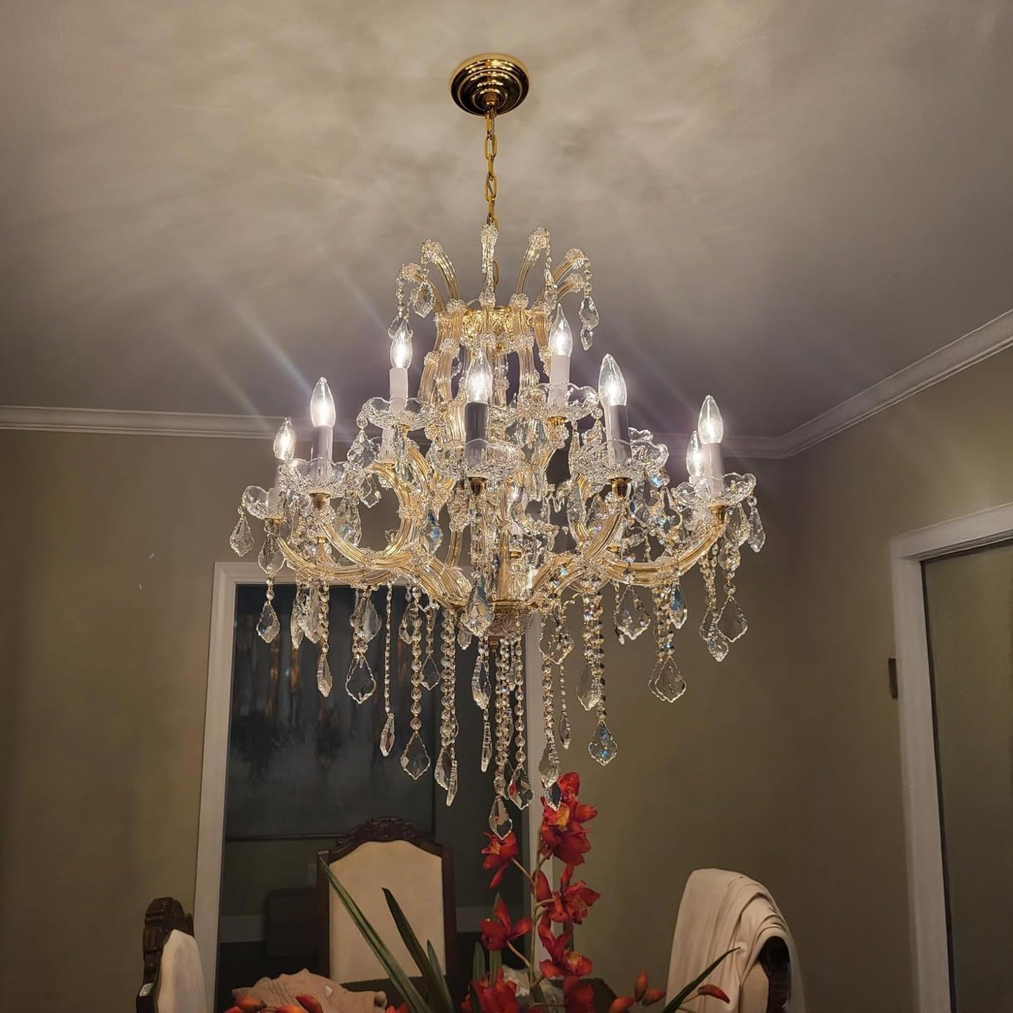 TMAFON Modern Gold Chandelier Light Fixture - Large Maria Theresa Crystal Chandeliers for Dining Room, Kitchen Island, Living Room, Bedroom, 15 Lights, 2 Layers