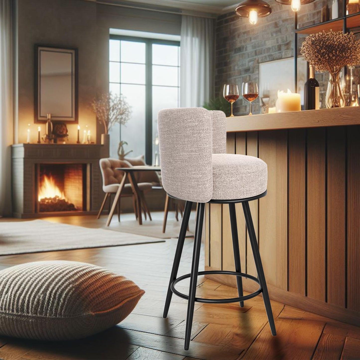 HONIFUR Bar Stools Set of 4, 27" Tufted Modern Counter Height Bar Stools, Upholstered Barstools with Back & Footrest Metal Legs, Stools for Kitchen Island, Counter, Cafes, Dining Room (Beige)