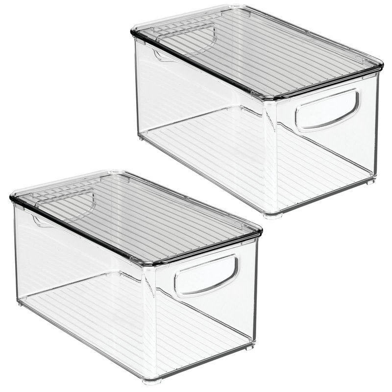 mDesign Deep Plastic Bathroom Storage Bin Box, Lid/Built-in Handles, Organization for Makeup, Hair Styling Tools, Toiletry Accessories in Cabinet, Shelves, Ligne Collection, 2 Pack, Clear/Smoke Gray